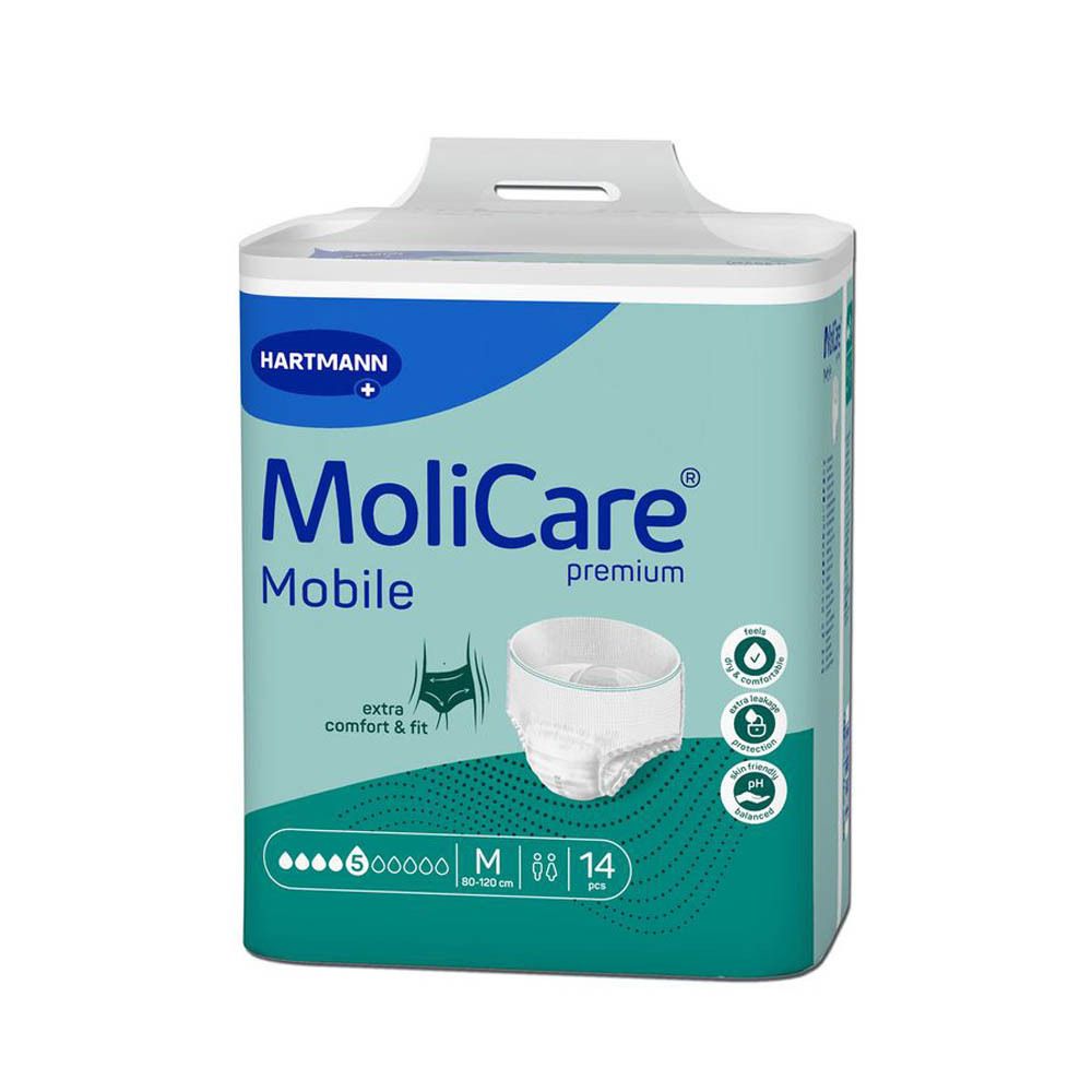 Paquet MoliCare Mobile. Vert et blanc. Logo Hartmann. Nom et caractéristiques du produit. Taille M, 14 unités. Absorption 5 gouttes.