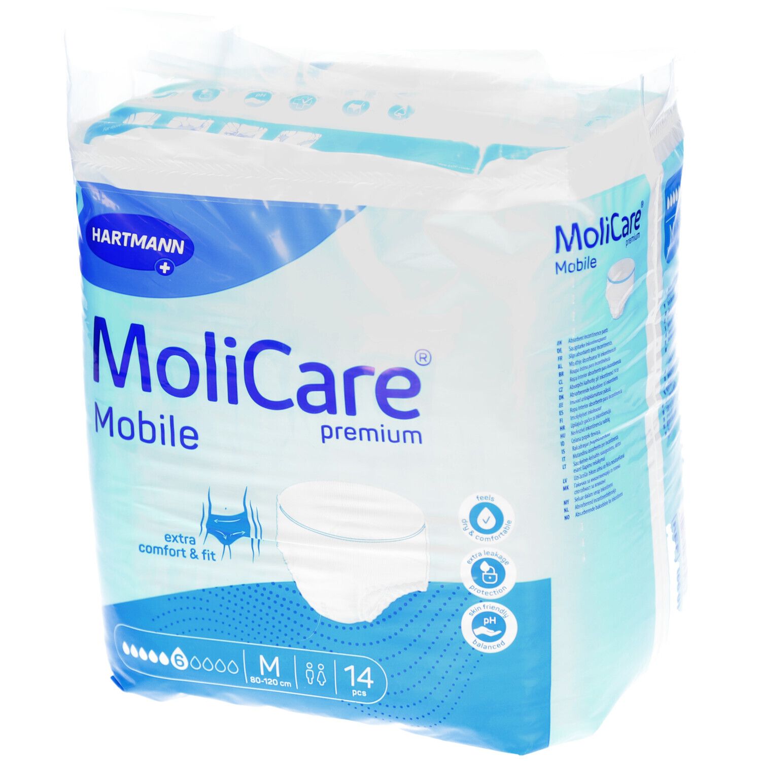 MoliCare Mobile Premium, verpakt in folie. Maat M, 14 stuks. Extra comfort & pasvorm. 6 druppels. Hartmann logo.
