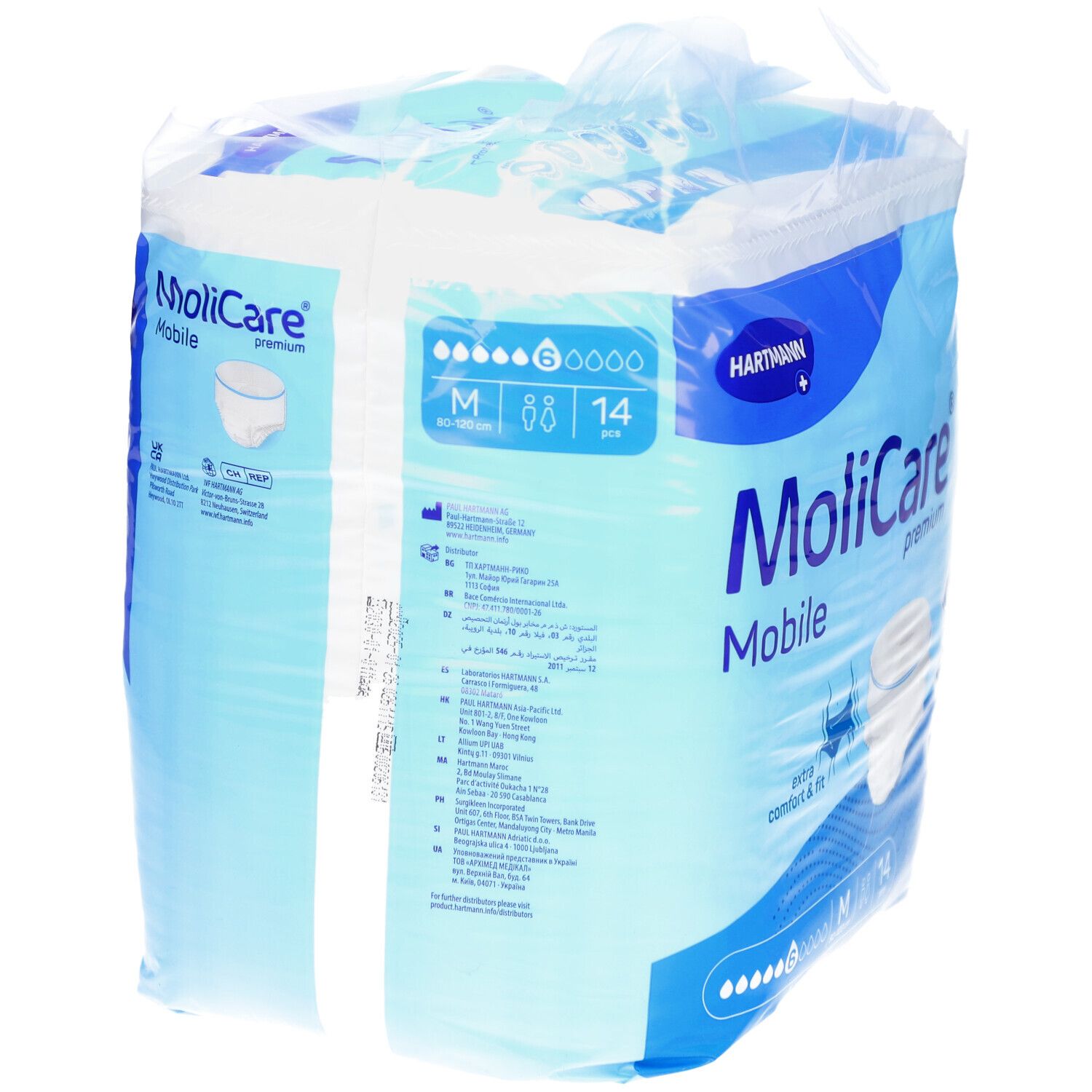 MoliCare Mobile Premium, verpakt. Achterkant met productinfo. Maat M, 14 stuks. 6 druppels. Hartmann logo.