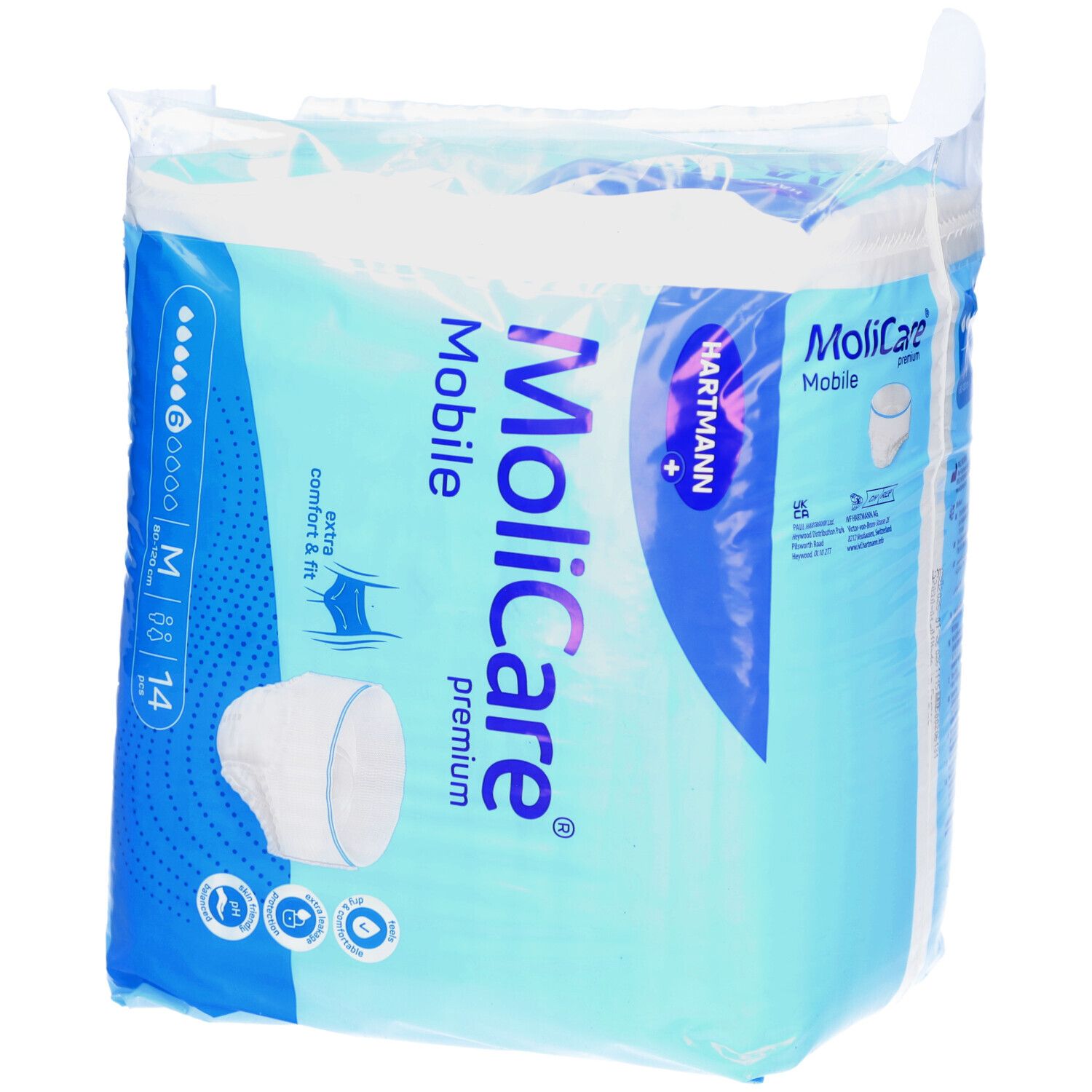 MoliCare Mobile Premium, verpakt. Maat M, 14 stuks. Extra comfort & pasvorm. 6 druppels. Hartmann logo.