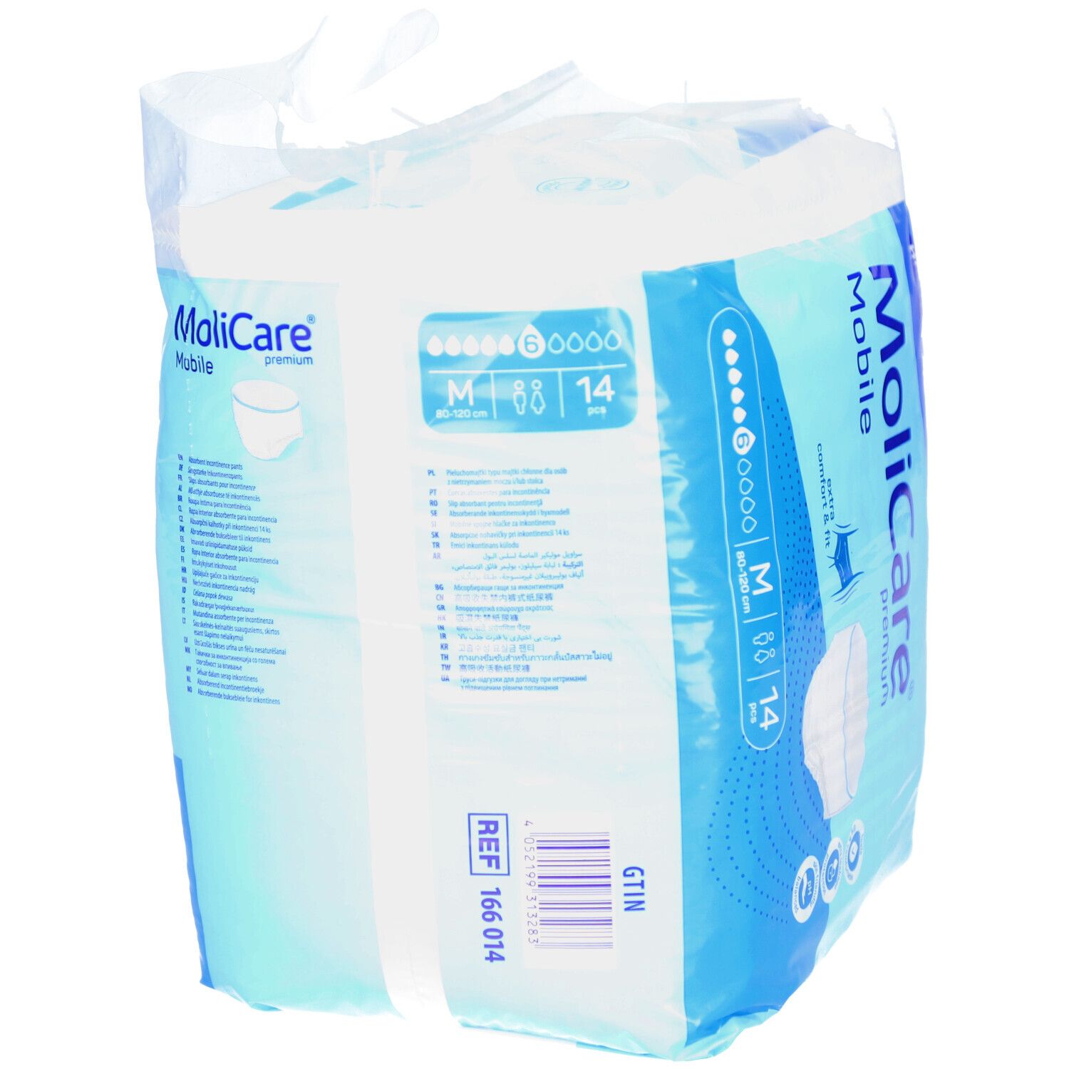 MoliCare Mobile Premium, verpakt. Achterkant met productinfo. Maat M, 14 stuks. 6 druppels. Hartmann logo.