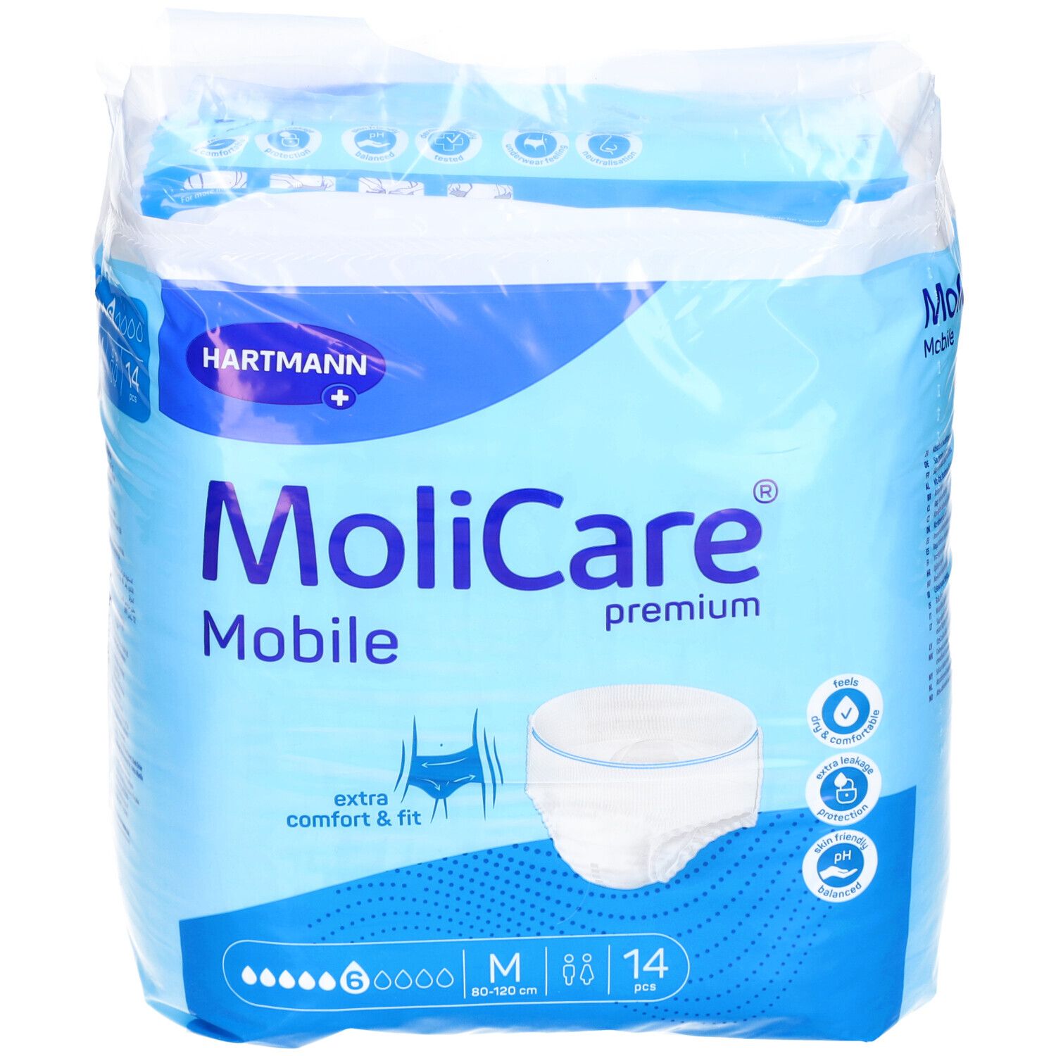 MoliCare Mobile Premium, verpakt in folie. Maat M, 14 stuks. Extra comfort & pasvorm. 6 druppels. Hartmann logo.