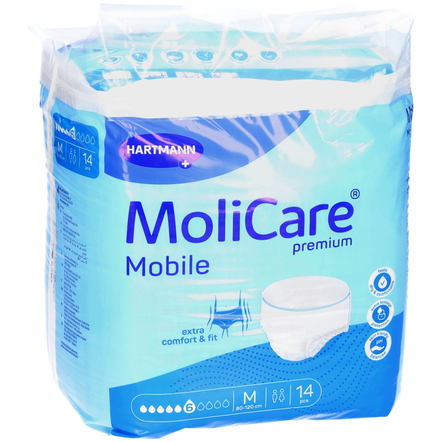 MoliCare Mobile Premium, verpakt. Maat M, 14 stuks. Extra comfort & pasvorm. 6 druppels. Hartmann logo.