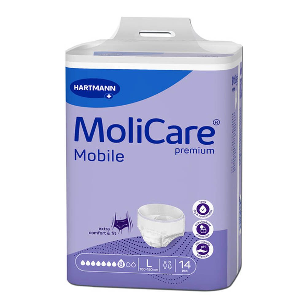 Paquet de MoliCare Mobile Premium, taille L. Image du produit. Contient 14 pièces. Logo Hartmann et caractéristiques du produit.