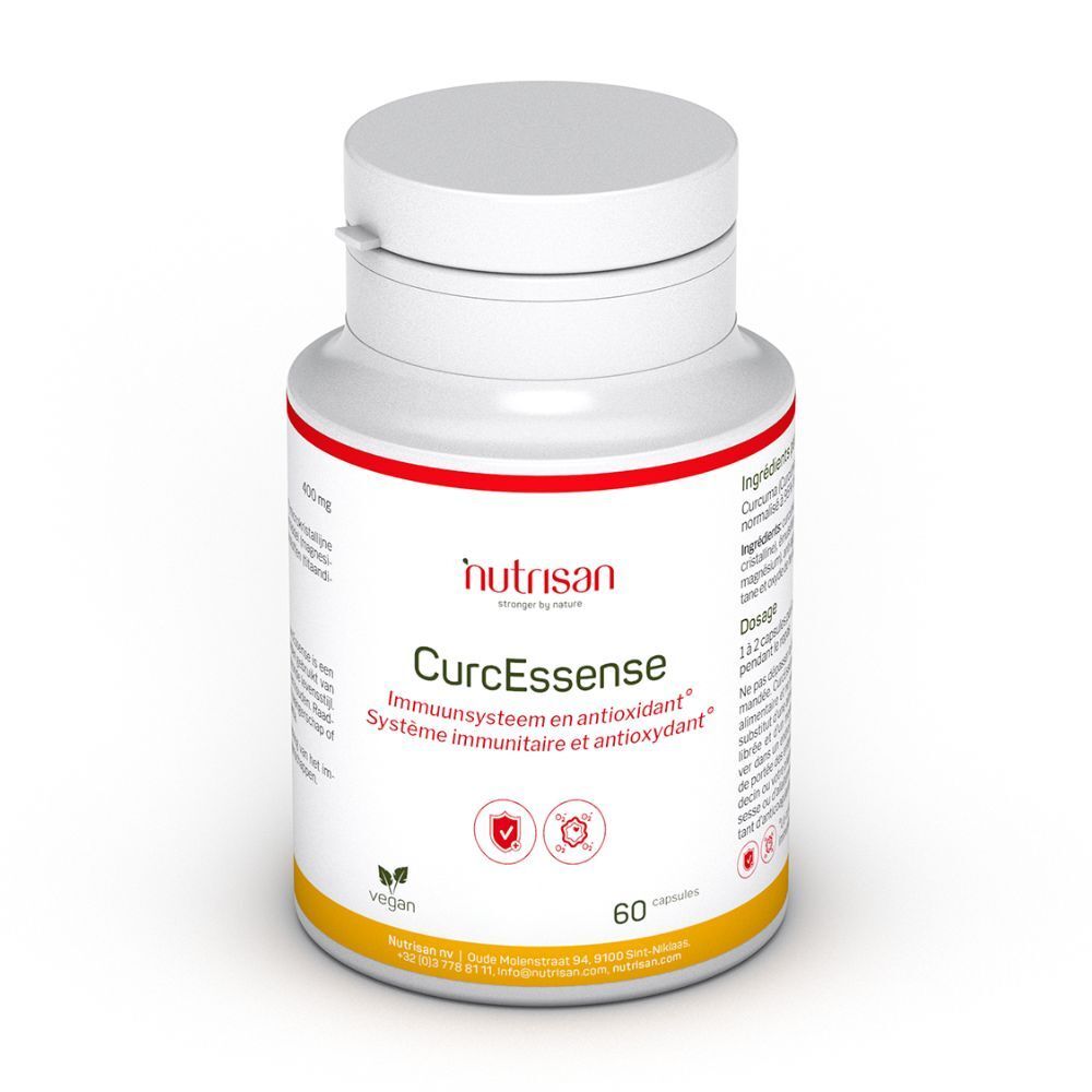 Witte fles met rode en gele tekst. Tekst: Nutrisan, CurcEssence, 60 capsules, vegan.