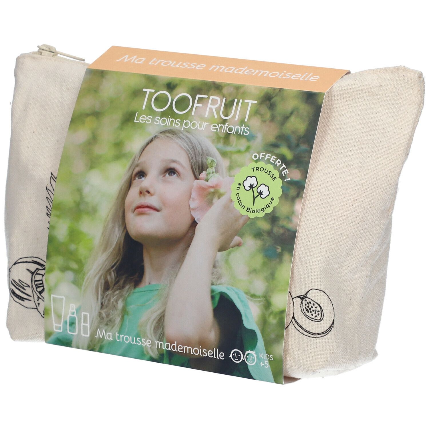 Trousse beige avec packaging. Sur l'emballage: TOOFUIT, Ma trousse mademoiselle, coton bio. Image d'une fille.