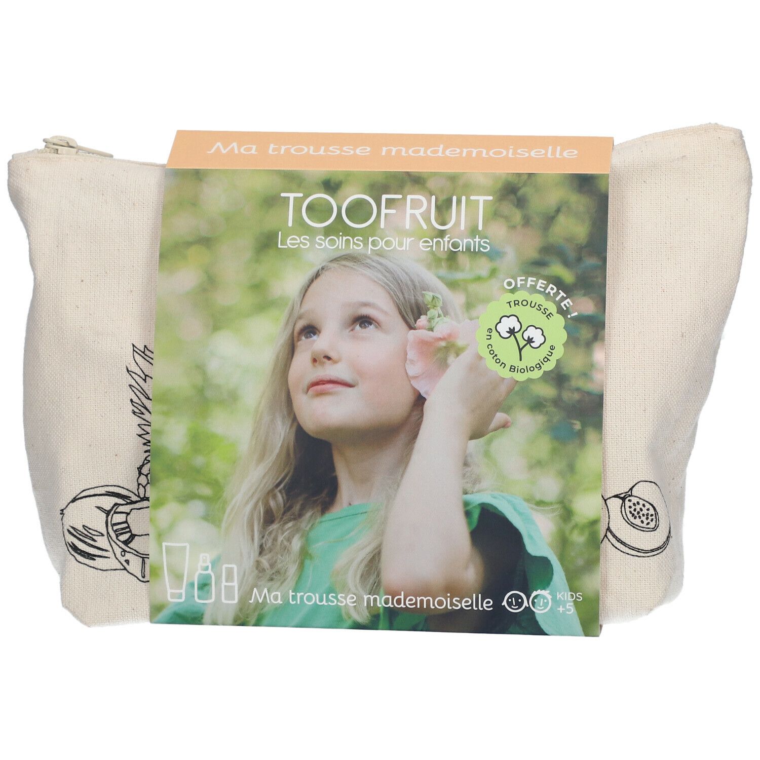 Trousse beige avec packaging. Sur l'emballage: TOOFUIT, Ma trousse mademoiselle, coton bio. Vue de face.
