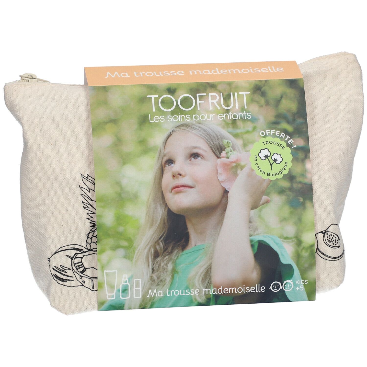 Trousse beige avec packaging. Sur l'emballage: TOOFUIT, Ma trousse mademoiselle, coton bio. Vue en biais.