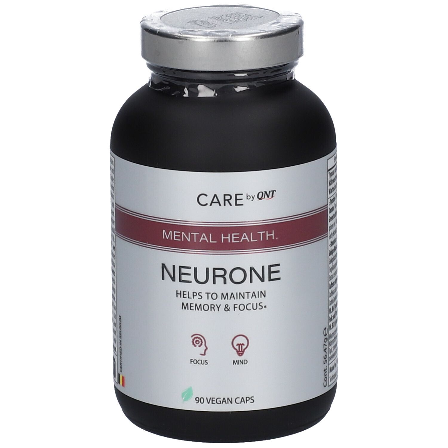 Flacon noir avec couvercle argenté. Inscription: CARE by QNT, MENTAL HEALTH, Neurone. 90 gélules végétales.