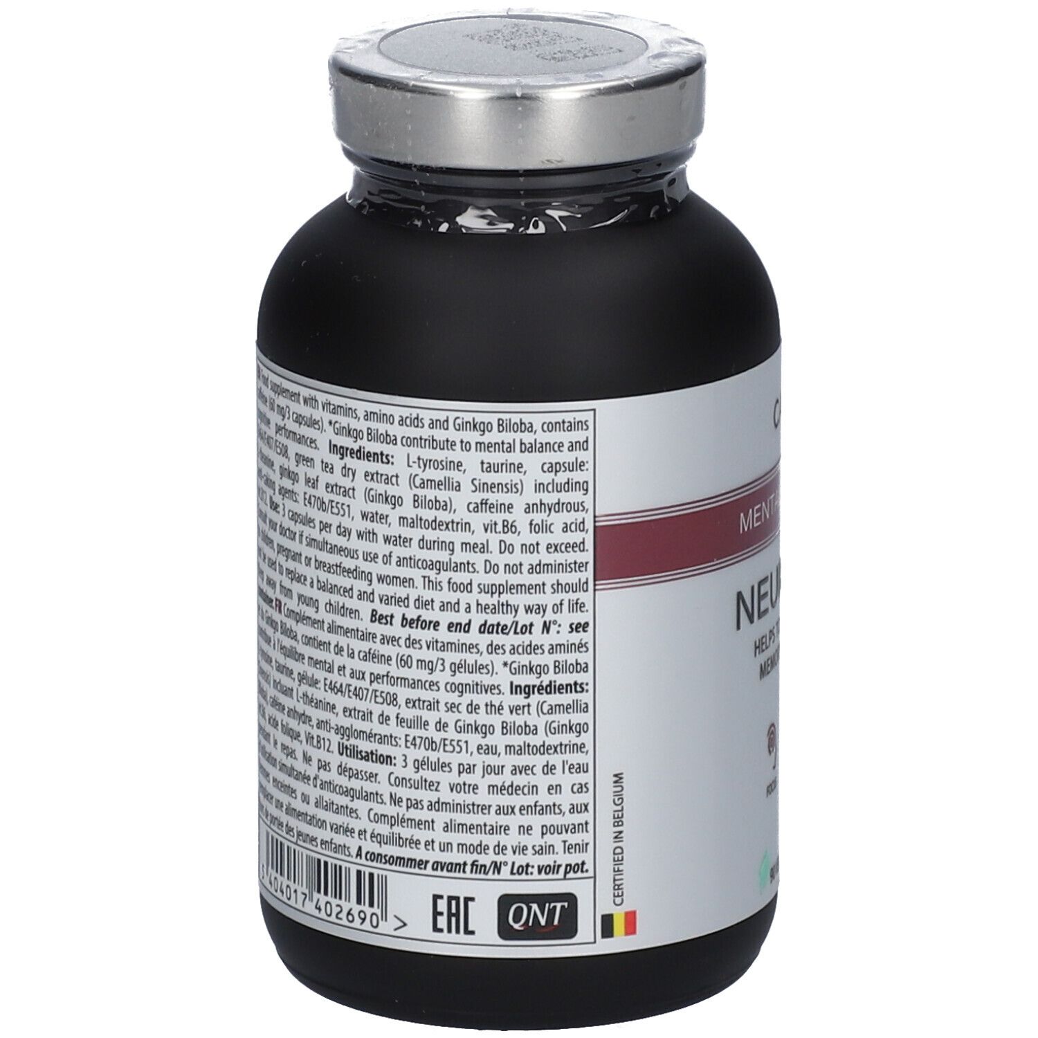 Dos du flacon. Texte avec ingrédients et mode d'emploi. Contient du Ginkgo Biloba et de la caféine.