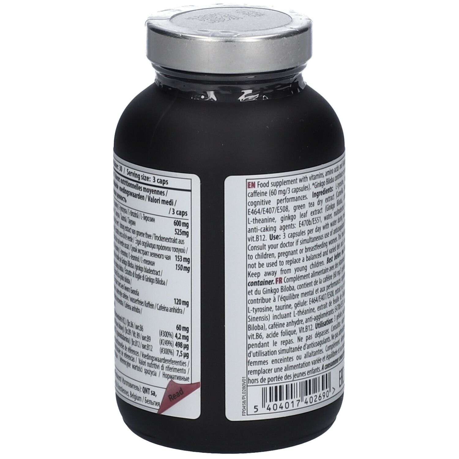 Dos du flacon. Informations nutritionnelles et ingrédients. Contient L-tyrosine, caféine et vitamine B12.