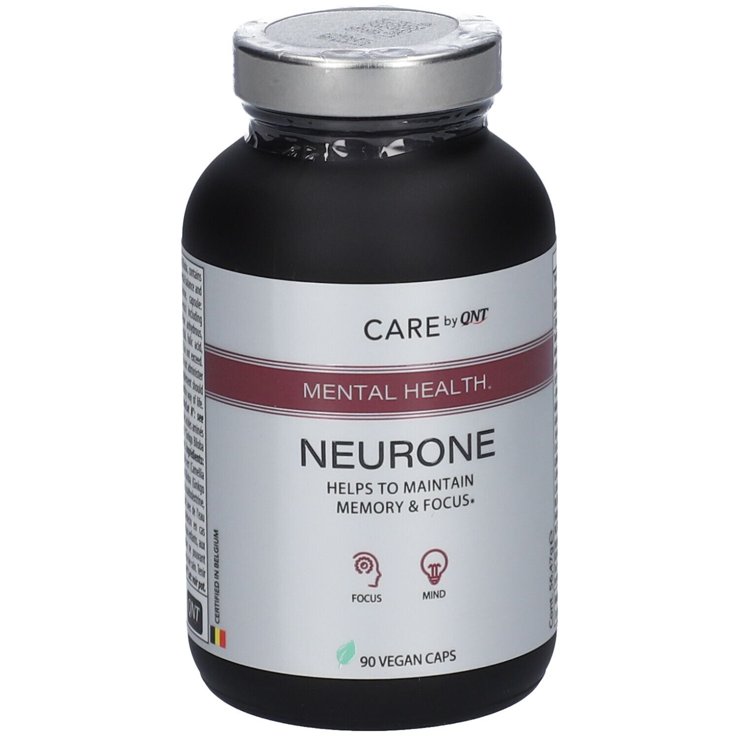 Flacon noir avec couvercle argenté. Inscription: CARE by QNT, MENTAL HEALTH, Neurone. 90 gélules végétales.