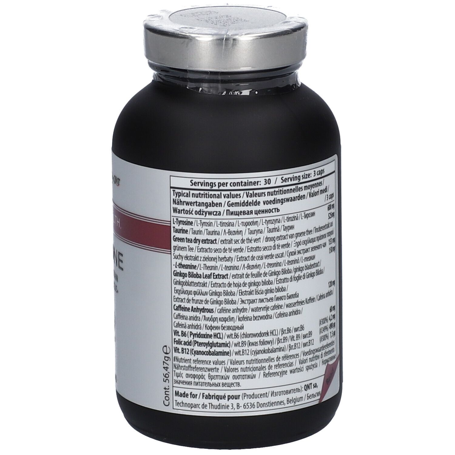 Dos du flacon. Informations nutritionnelles et ingrédients. Contient L-tyrosine, caféine et vitamine B12.