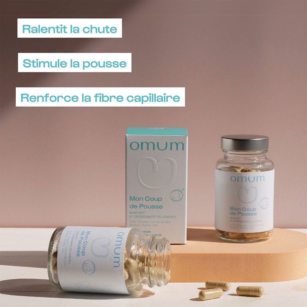 Conditionnement produit avec flacon et boîte. Texte en français. Pour les cheveux.