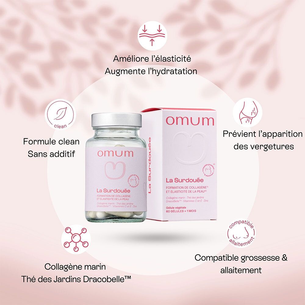 Emballage et flacon de gélules. Emballage rose avec texte et logo. Nom du produit : La Surdouée. 60 gélules. Bénéfices.