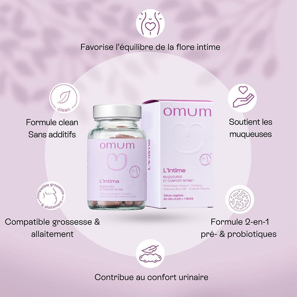 Boîte et flacon. Marque Omum, L'Intime, Muqueuses et confort intime. 60 gélules. Formule 2-en-1.