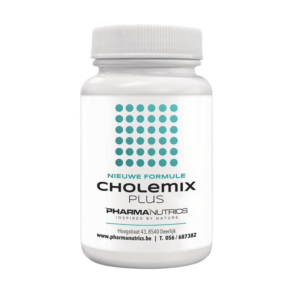 Witte fles met capsules. Opschrift: Cholemix Plus, 120 V-capsules, PharmaNutrics. Blauwe stippen als design.