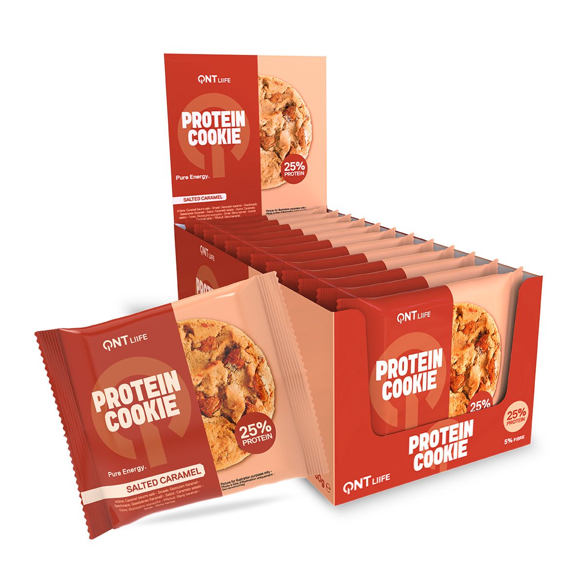 QNT Protein Cookie Salted Caramel. Individuele koekjes en een geopende doos. Oranje verpakking met productnaam en logo.