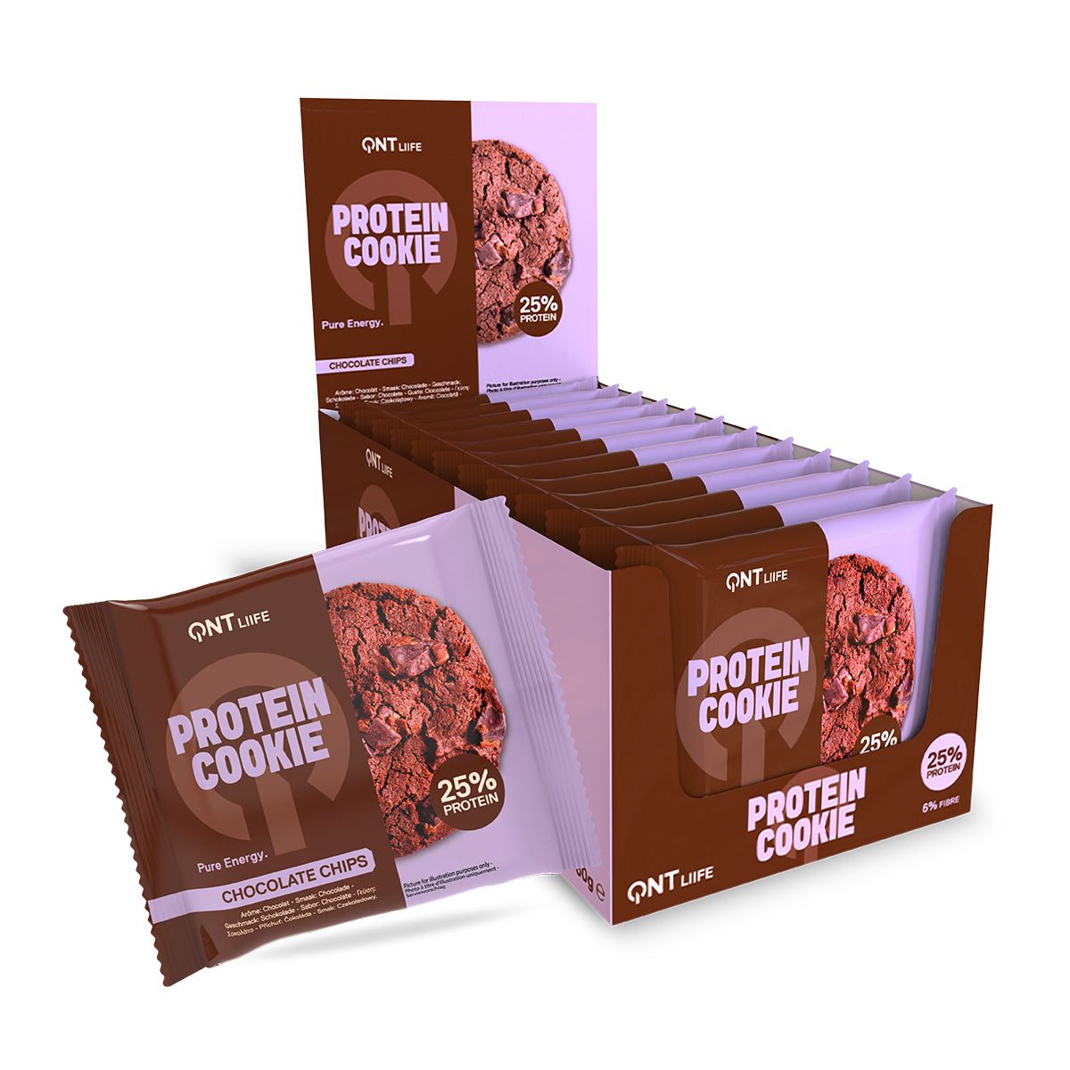 QNT Protein Cookie chocolade chips. Individuele verpakkingen en open doos. Bruine verpakking met productlogo.