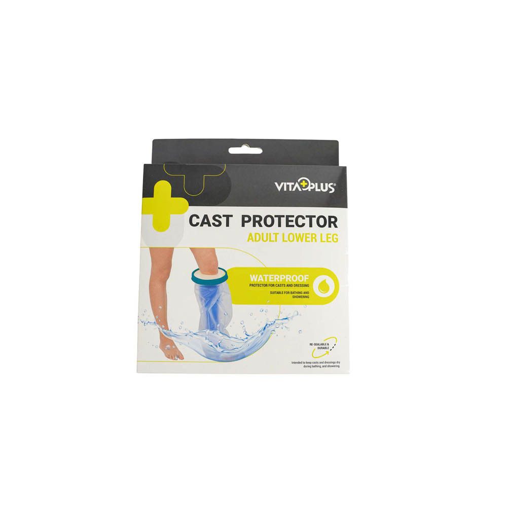 Verpakking voor beengipsbeschermer. Opschrift: Cast Protector, Adult Lower Leg. Merk: Vita Plus. Waterdicht.