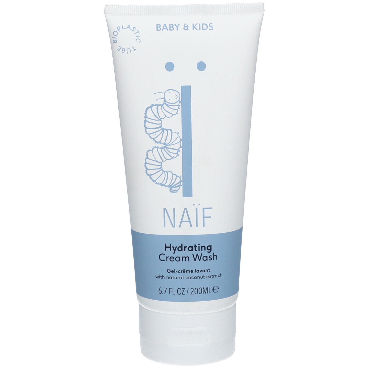 Witte tube met blauwe streep. Opschrift: NAÏF, Hydrating Cream Wash. Bevat 200ml. Voor baby's en kinderen.