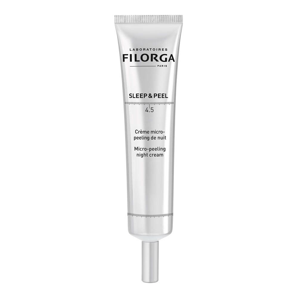 Tube argenté Filorga Sleep & Peel 4.5. Texte : Crème micro-peeling de nuit. Avec applicateur.