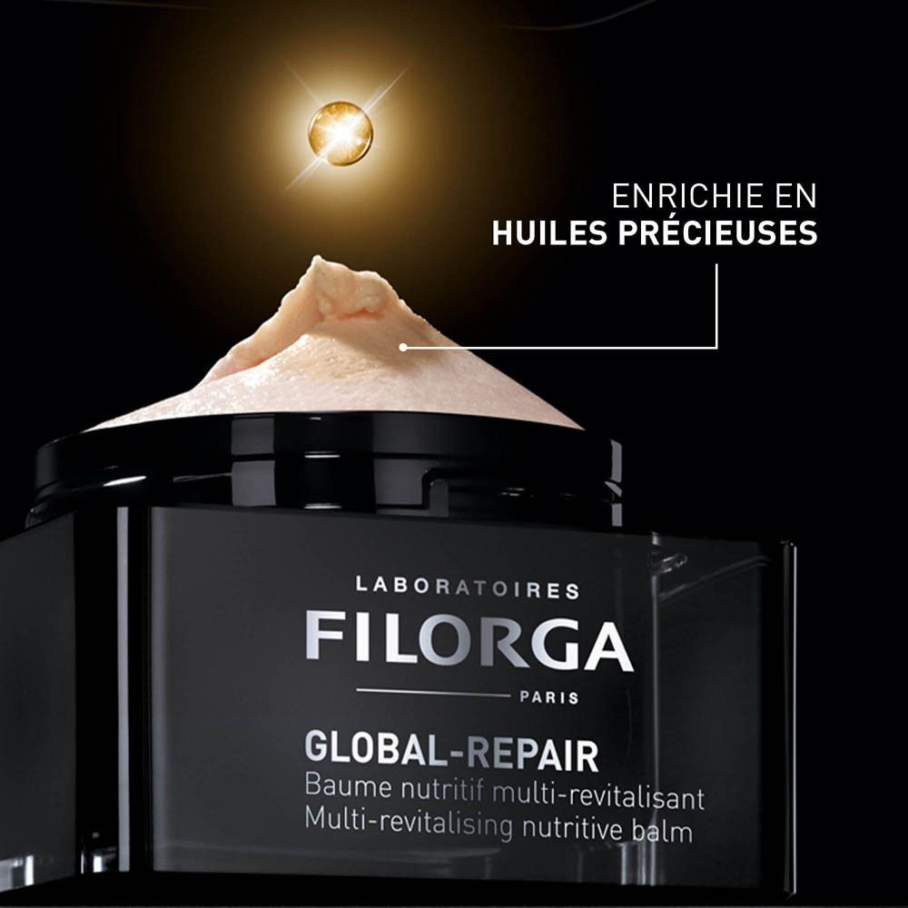 Baume FILORGA GLOBAL-REPAIR. Pot noir avec produit. Texte: GLOBAL-REPAIR, Baume nutritif multi-revitalisant.