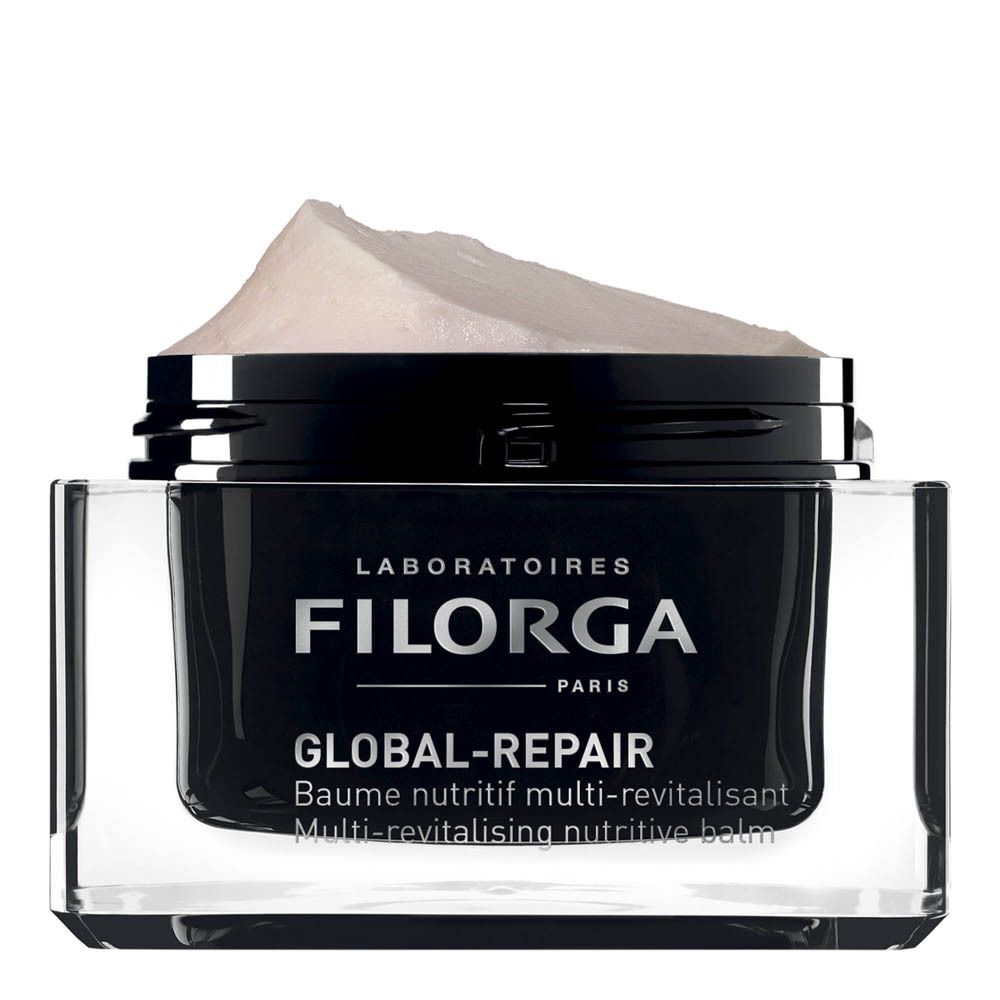 Gamme FILORGA. Produits: GLOBAL-REPAIR Essence, crème, sérum, baume. Texte: GLOBAL-REPAIR.