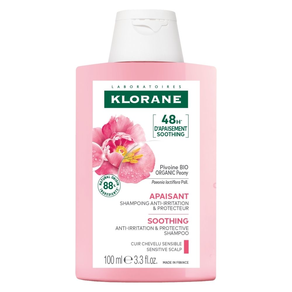 KLORANE shampoo met biologische pioenroos, 100ml fles met witte klapdop.