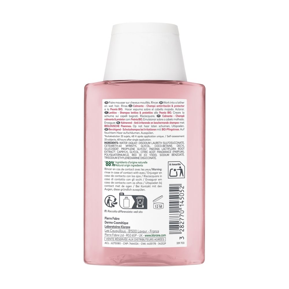 Vue latérale d'un flacon de shampooing KLORANE à la pivoine bio, 100ml.