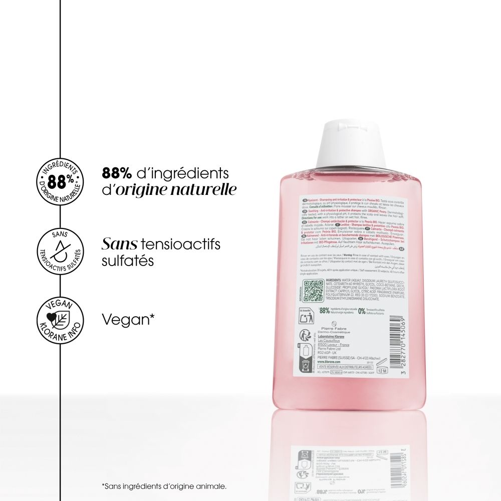 Shampooing KLORANE à la pivoine bio, flacon de 100ml avec bouchon clapet blanc.