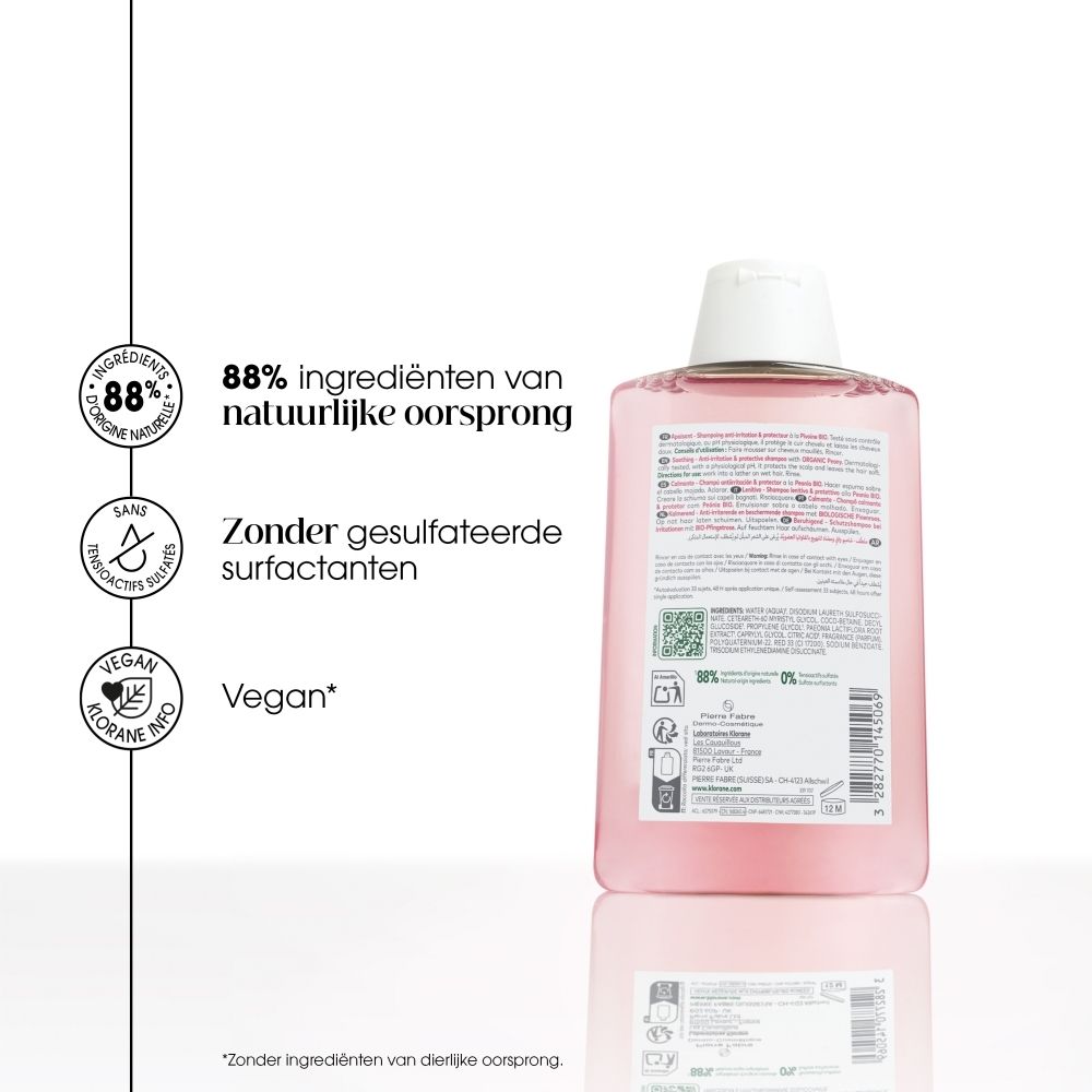 KLORANE shampoo met biologische pioenroos, 100ml fles met witte klapdop.