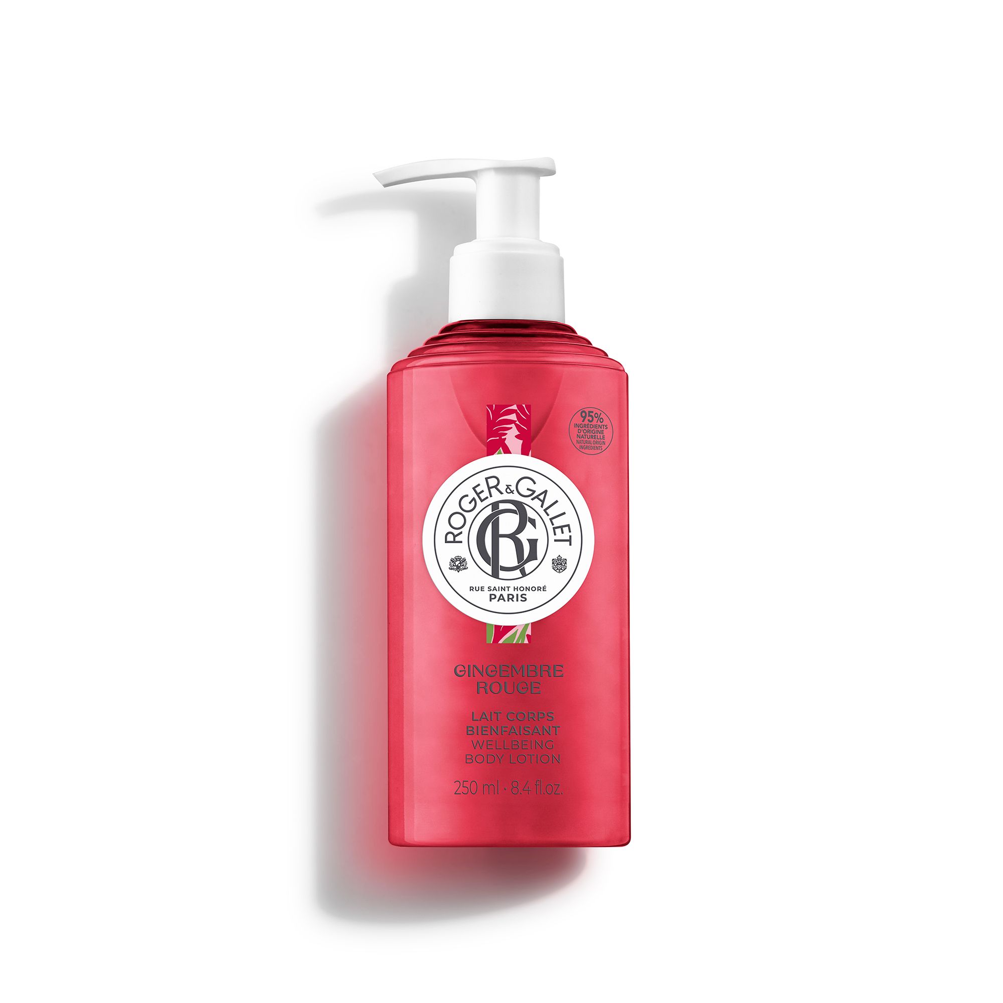 Rode fles met witte pomp. Opschrift: Roger & Gallet, Gingembre Rouge, Lait Corps, 250 ml.