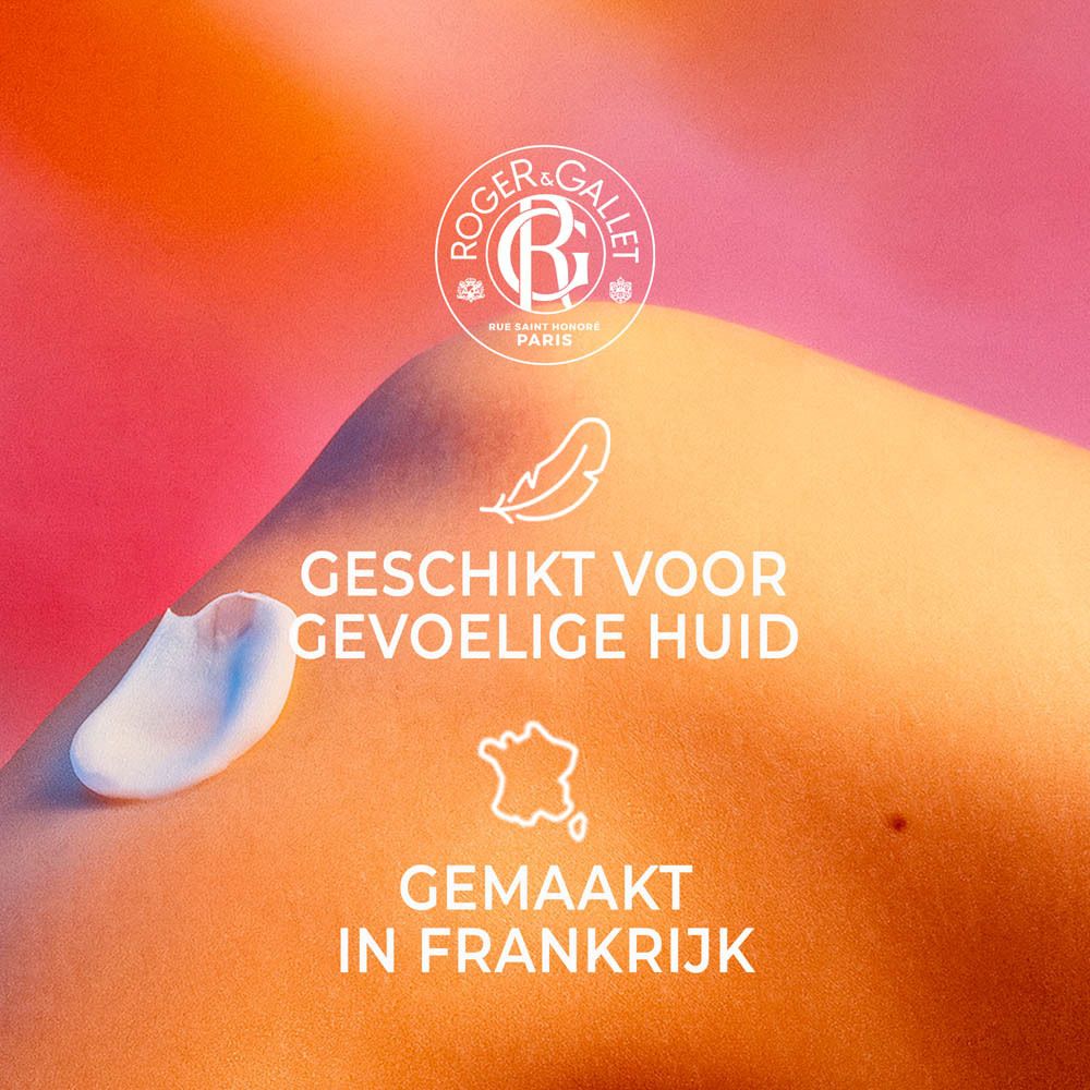 Crème op huid. Tekst: Geschikt voor gevoelige huid, Gemaakt in Frankrijk. Roger & Gallet logo.