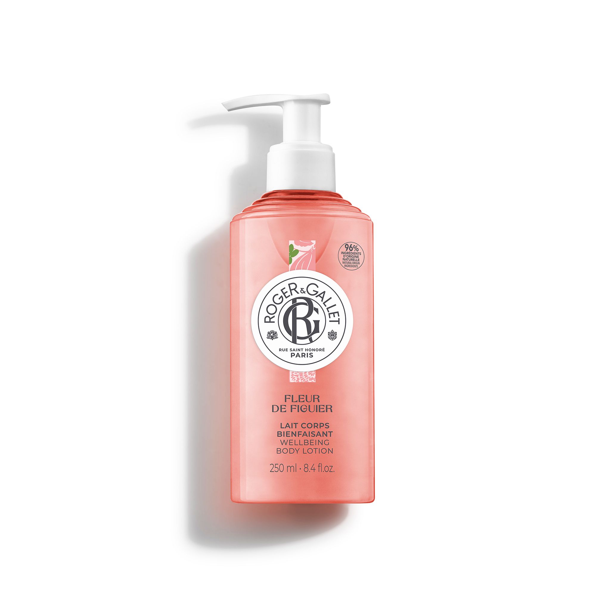 Roze fles met witte pomp. Opschrift: Roger & Gallet, Fleur de Figuier, Lait Corps Bienfaisant, 250 ml.