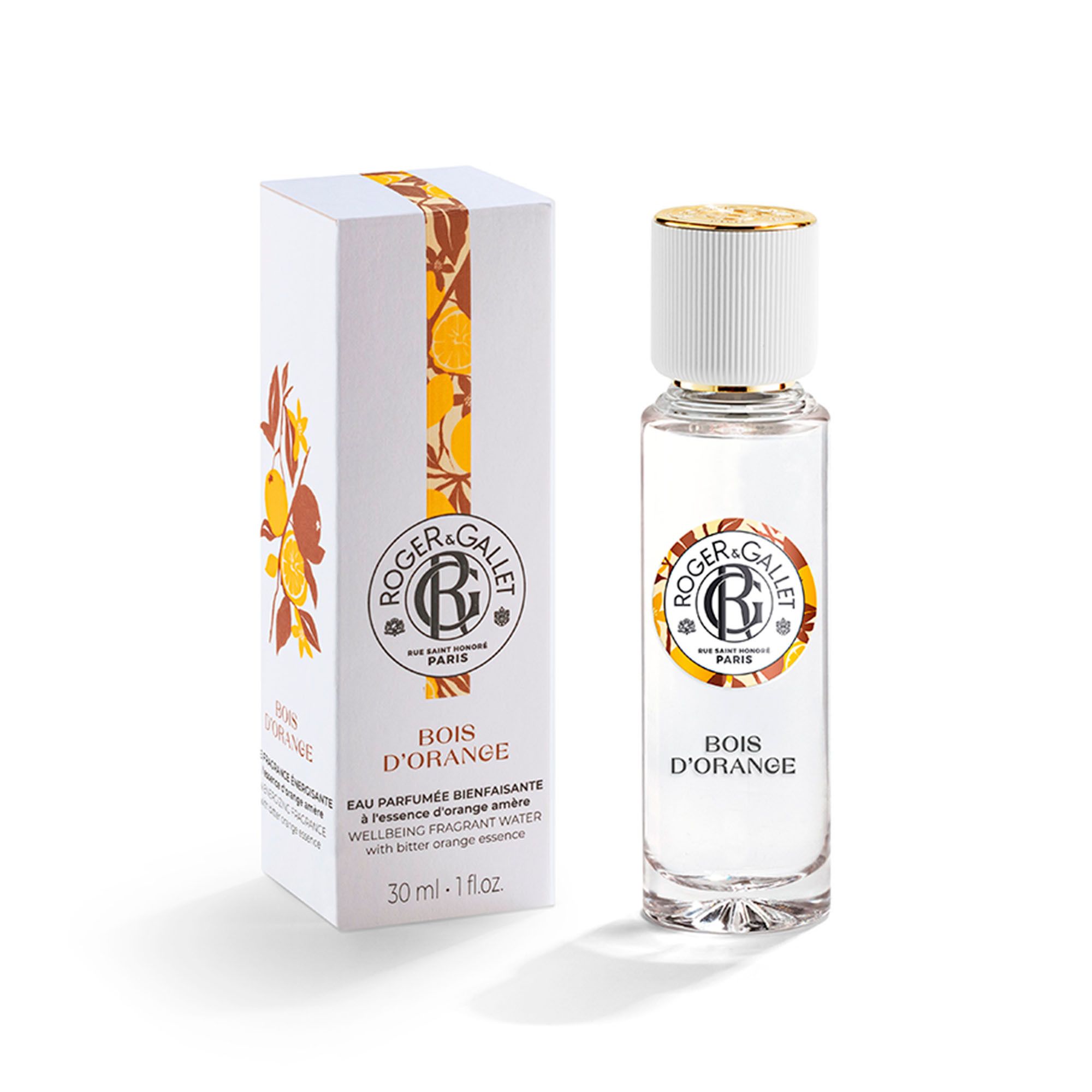 Witte doos en fles. Fles met witte dop, etiket: Roger & Gallet, Bois d'Orange. 30 ml.