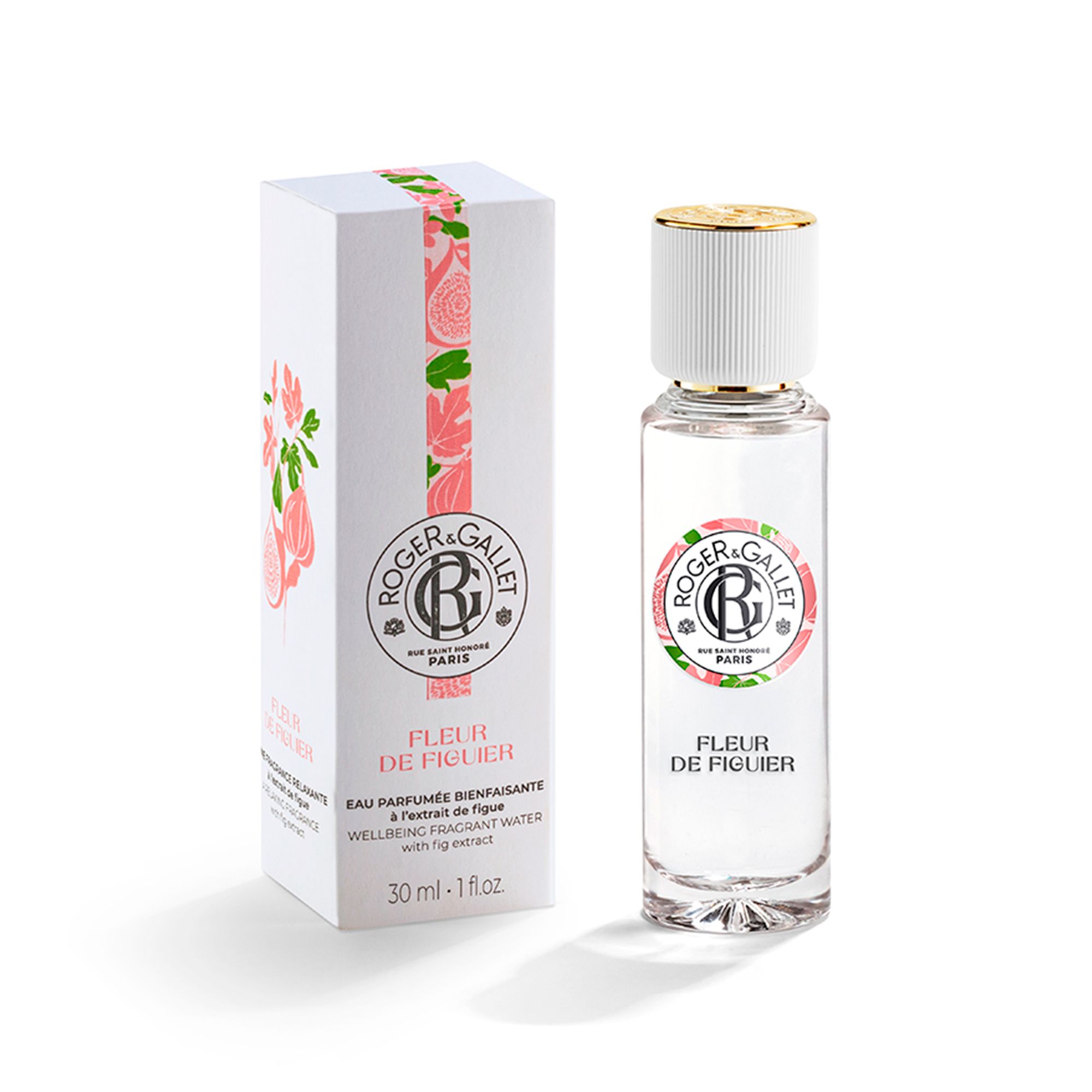 Roger & Gallet FLEUR DE FIGUIER Eau Parfumée en verpakking. Flesje met witte dop en gouden rand.