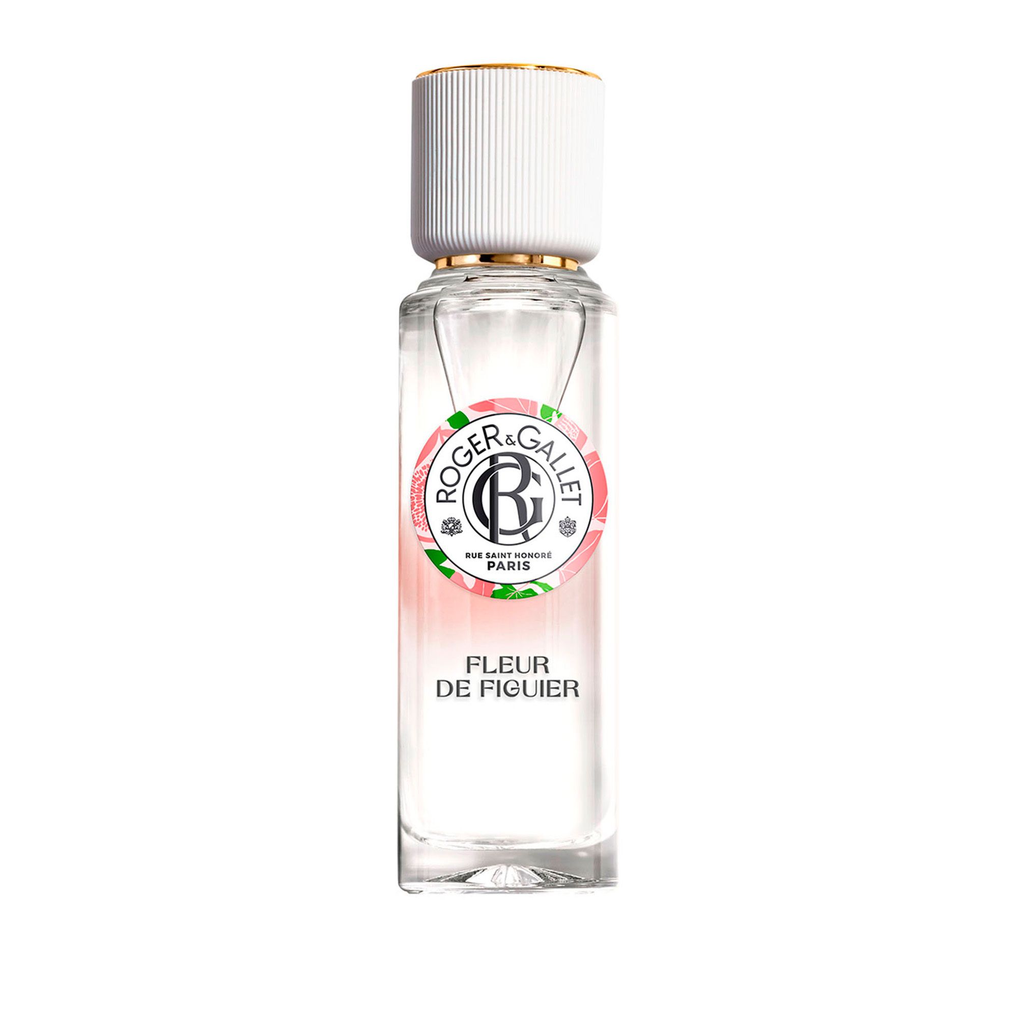Roger & Gallet FLEUR DE FIGUIER Eau Parfumée. Flacon avec bouchon blanc et bord doré. Logo et texte.