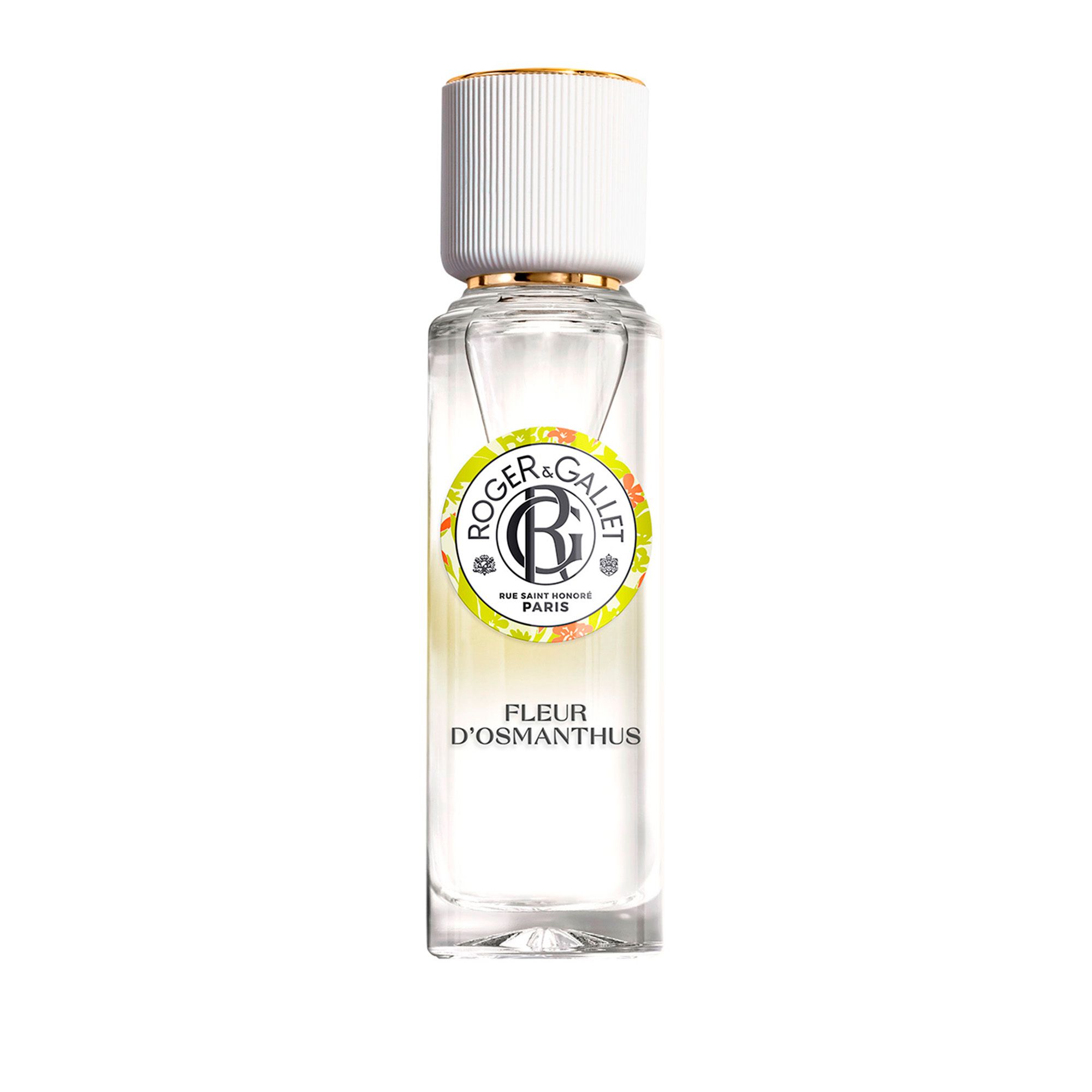 Fles met witte dop en gouden dop. Opschrift: FLEUR D'OSMANTHUS. Logo en tekst.