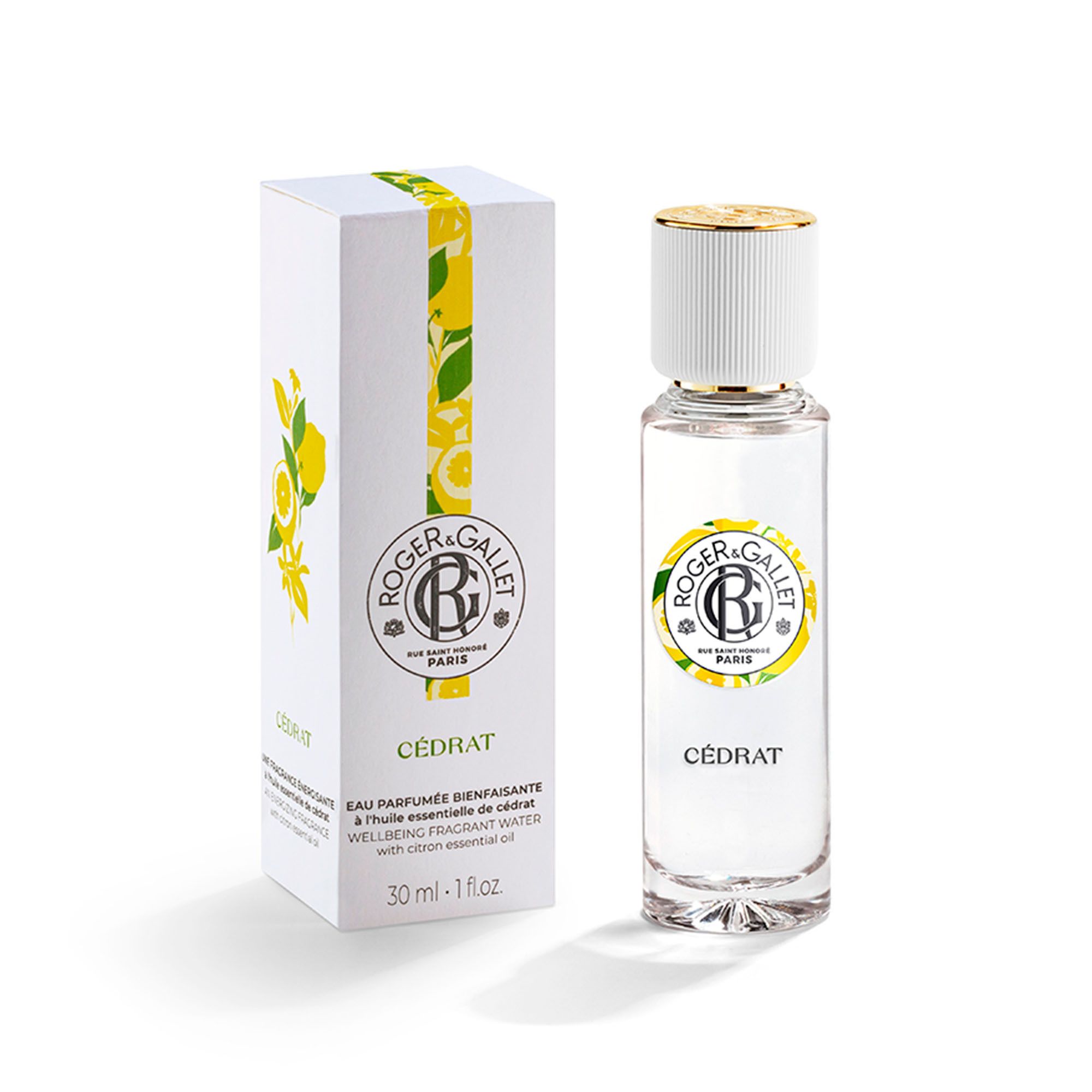Verpakking: witte doos, Roger & Gallet logo, Cédrat, Eau Parfumée, 30 ml. Flesje ernaast.