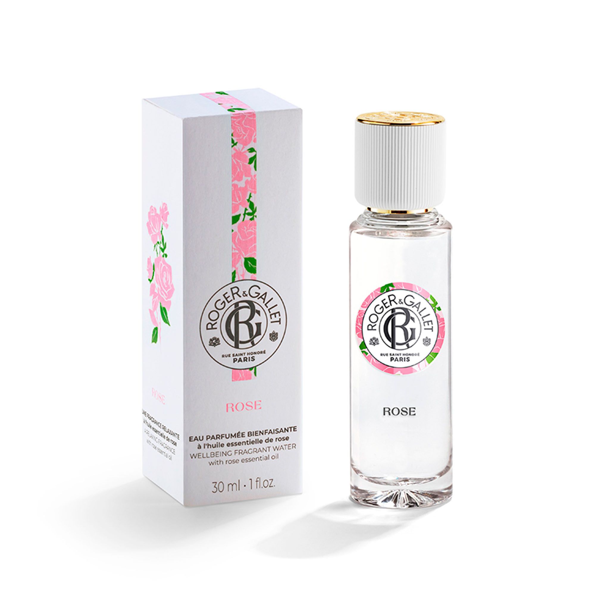 Roger & Gallet Rose Eau Parfumée, flacon et emballage. Flacon avec bouchon blanc et bordure dorée. 30 ml.