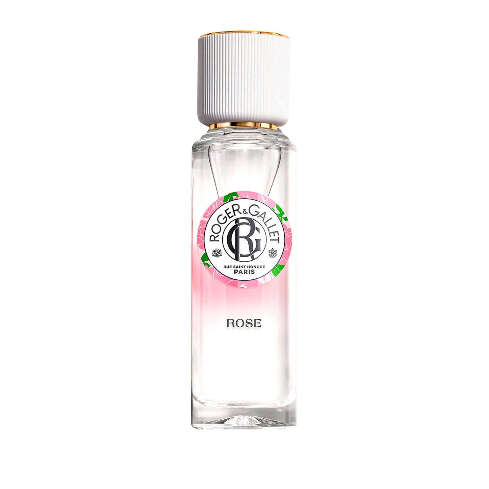 Roger & Gallet Rose Eau Parfumée, flacon. Bouchon blanc avec bordure dorée. Logo et texte : Rose.