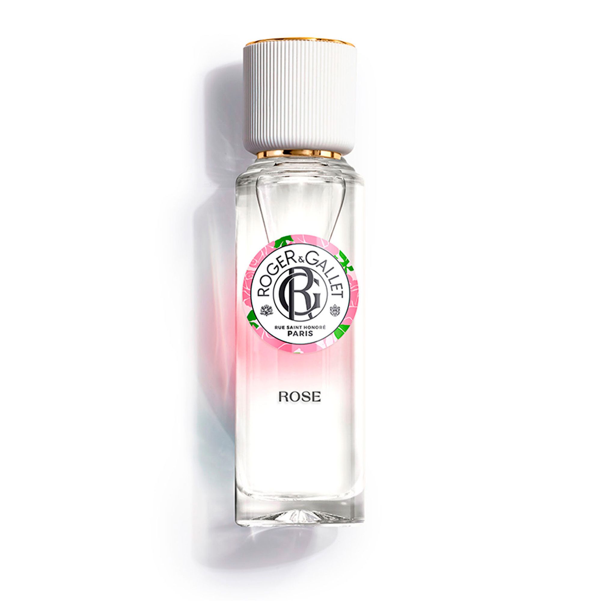 Roger & Gallet Rose Eau Parfumée, fles. Witte dop met gouden rand. Logo en tekst: Rose.