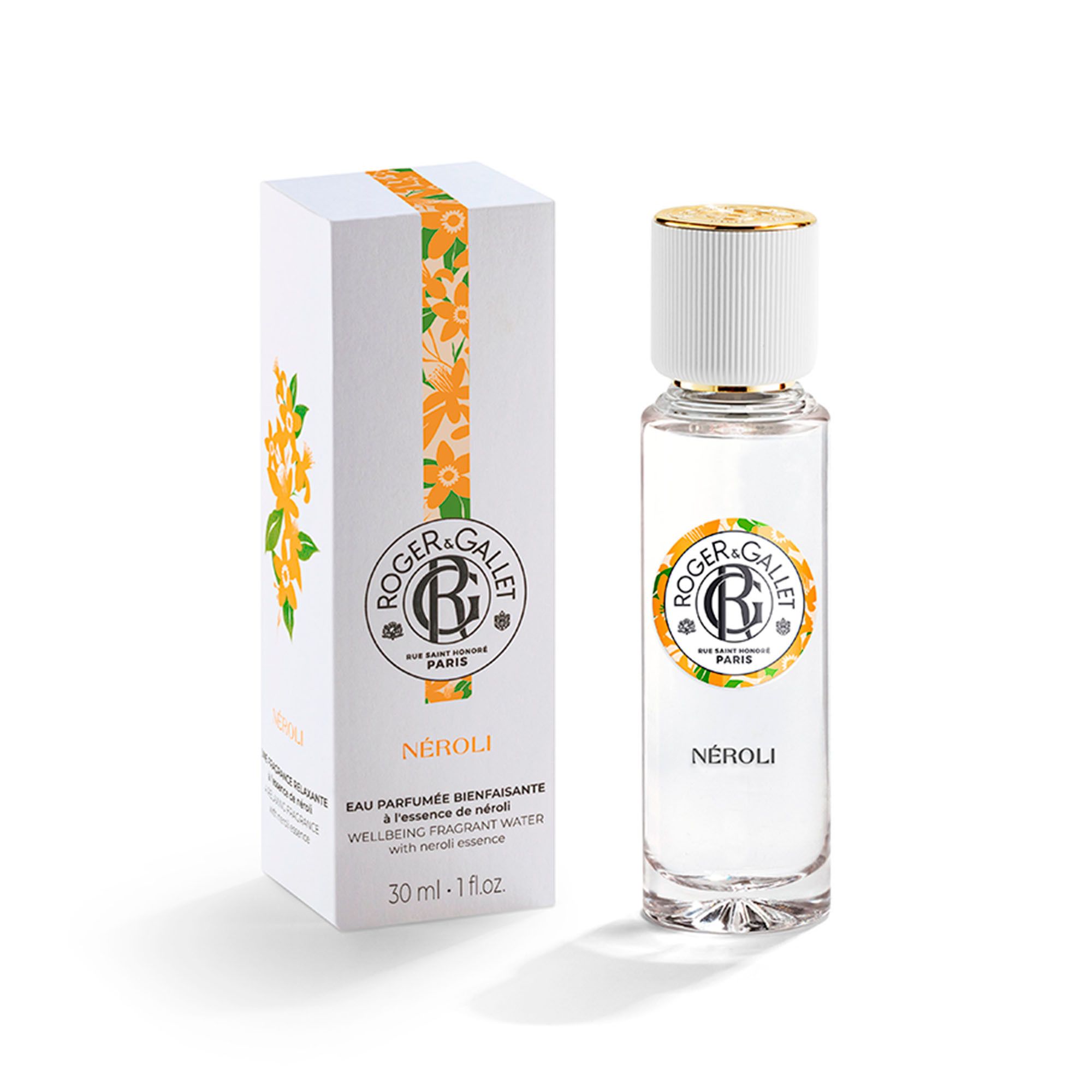 Roger & Gallet NÉROLI Eau Parfumée en flacon. 30 ml. Witte verpakking met bloemenpatroon.