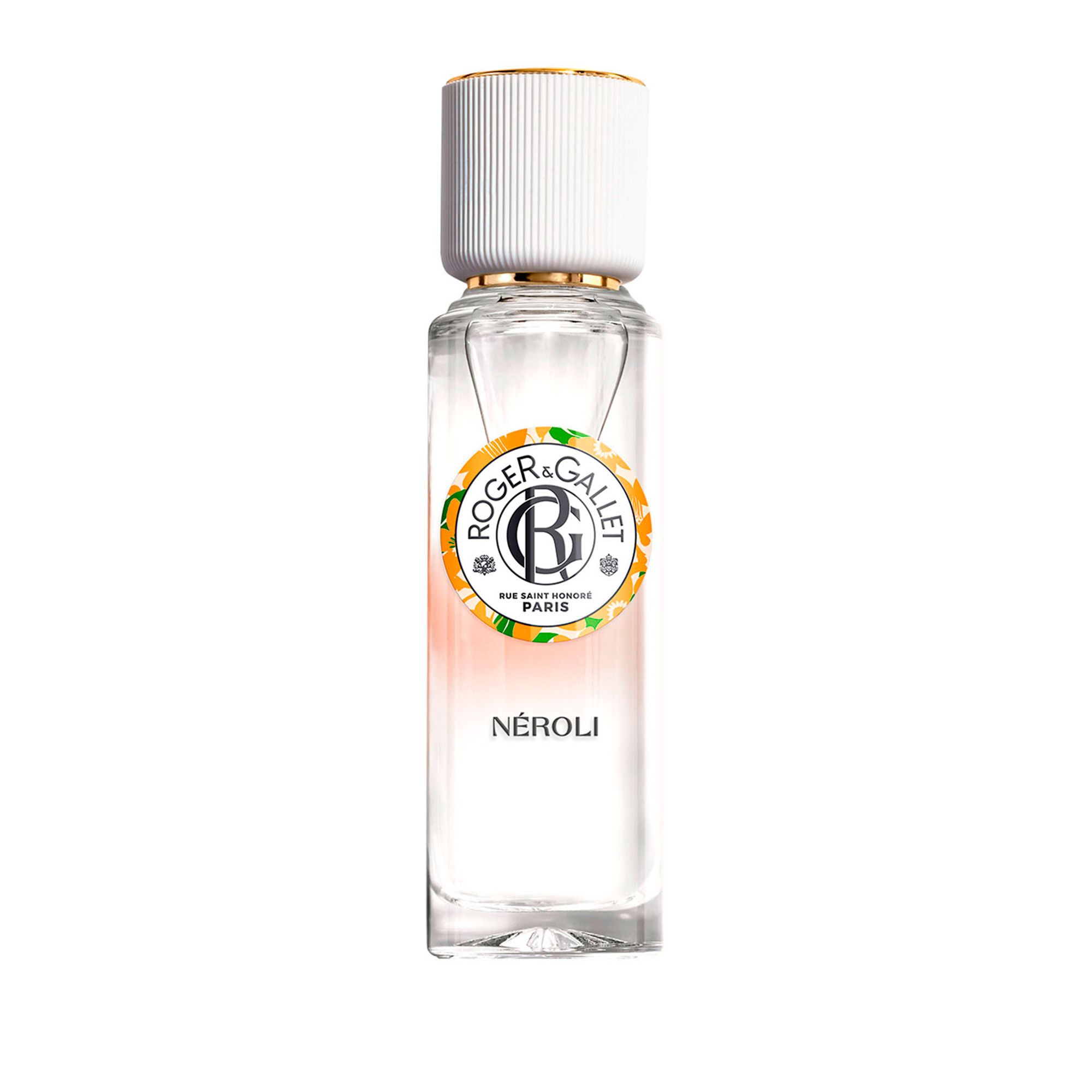 Flesje Roger & Gallet NÉROLI. Wit flesje met gouden dop. Etiket met logo en tekst.