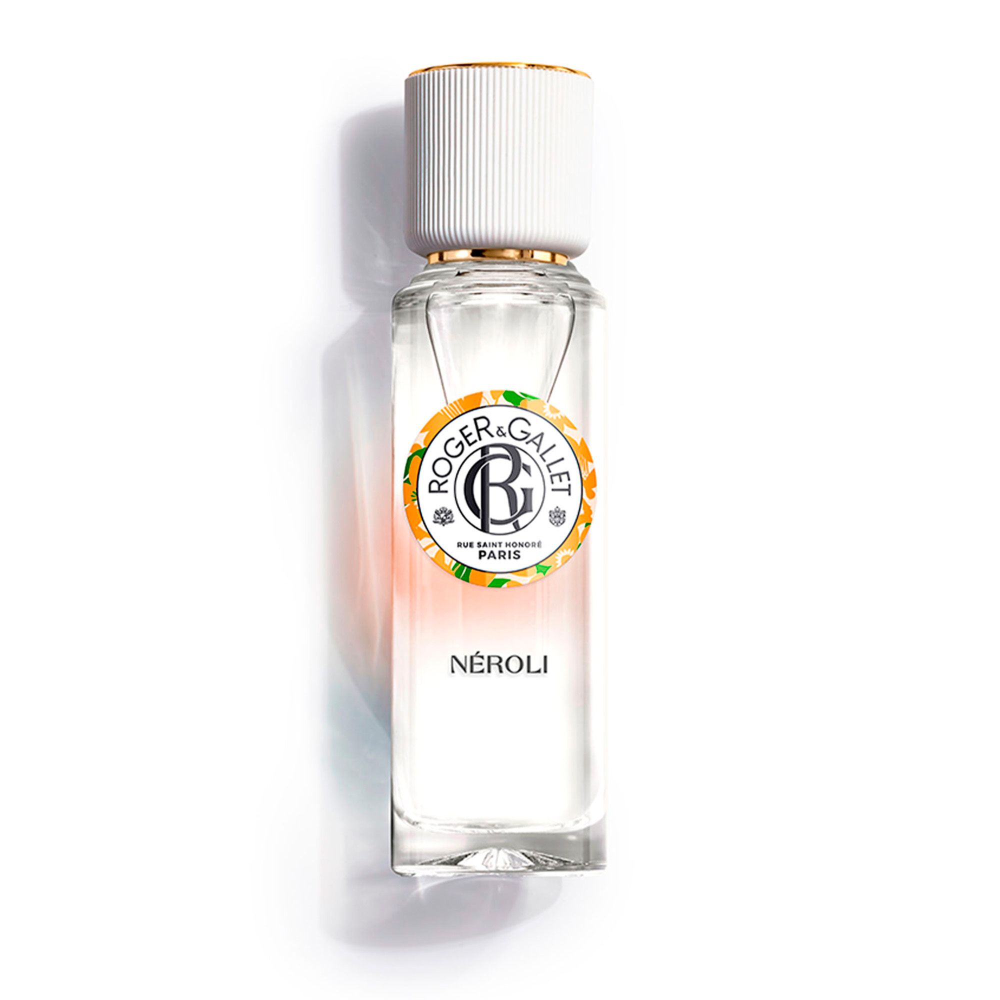 Flesje Roger & Gallet NÉROLI. Wit flesje met gouden dop. Etiket met logo en tekst.