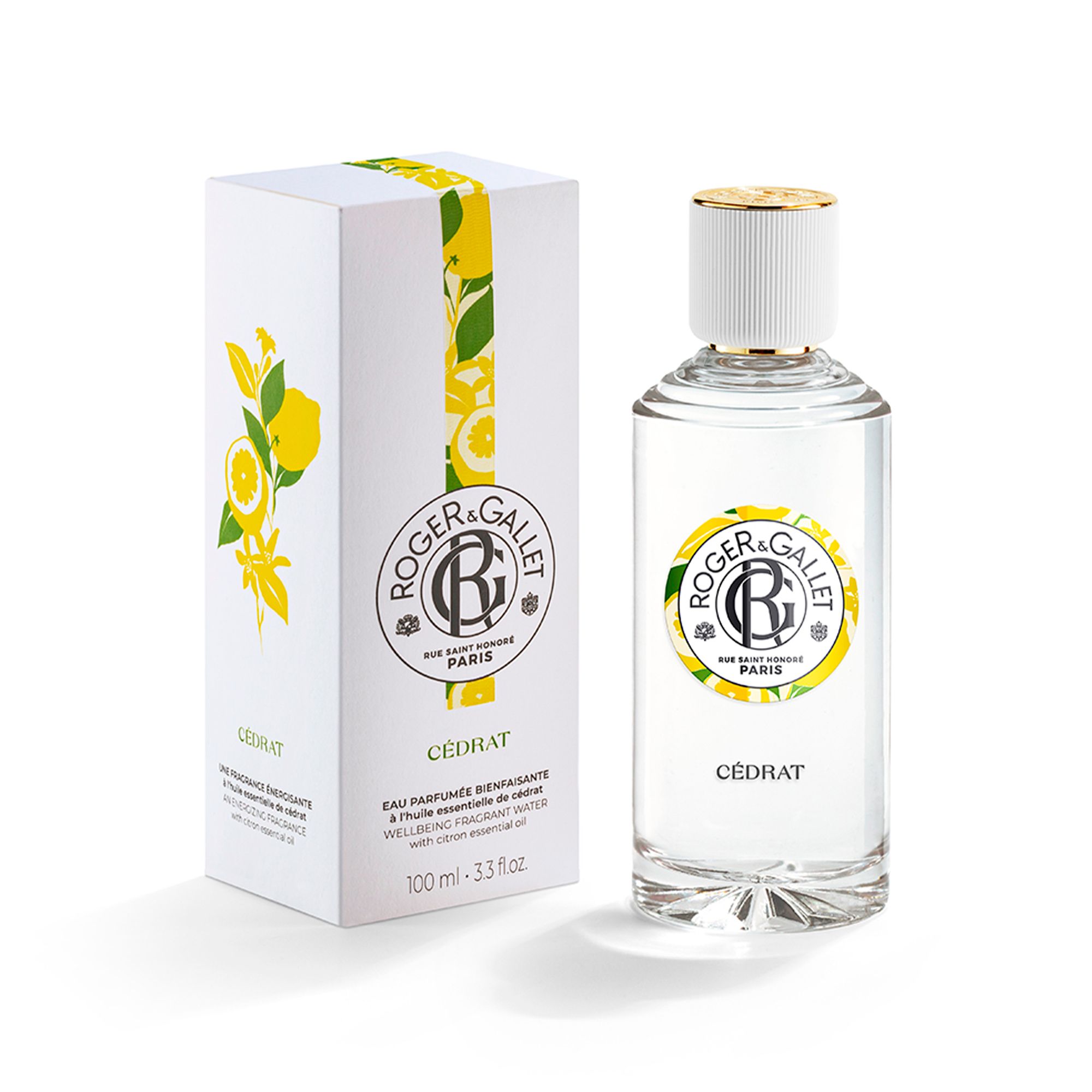 Fles en doos van Roger & Gallet Cédrat. Witte doos met gele citroen decor. Fles met witte dop.