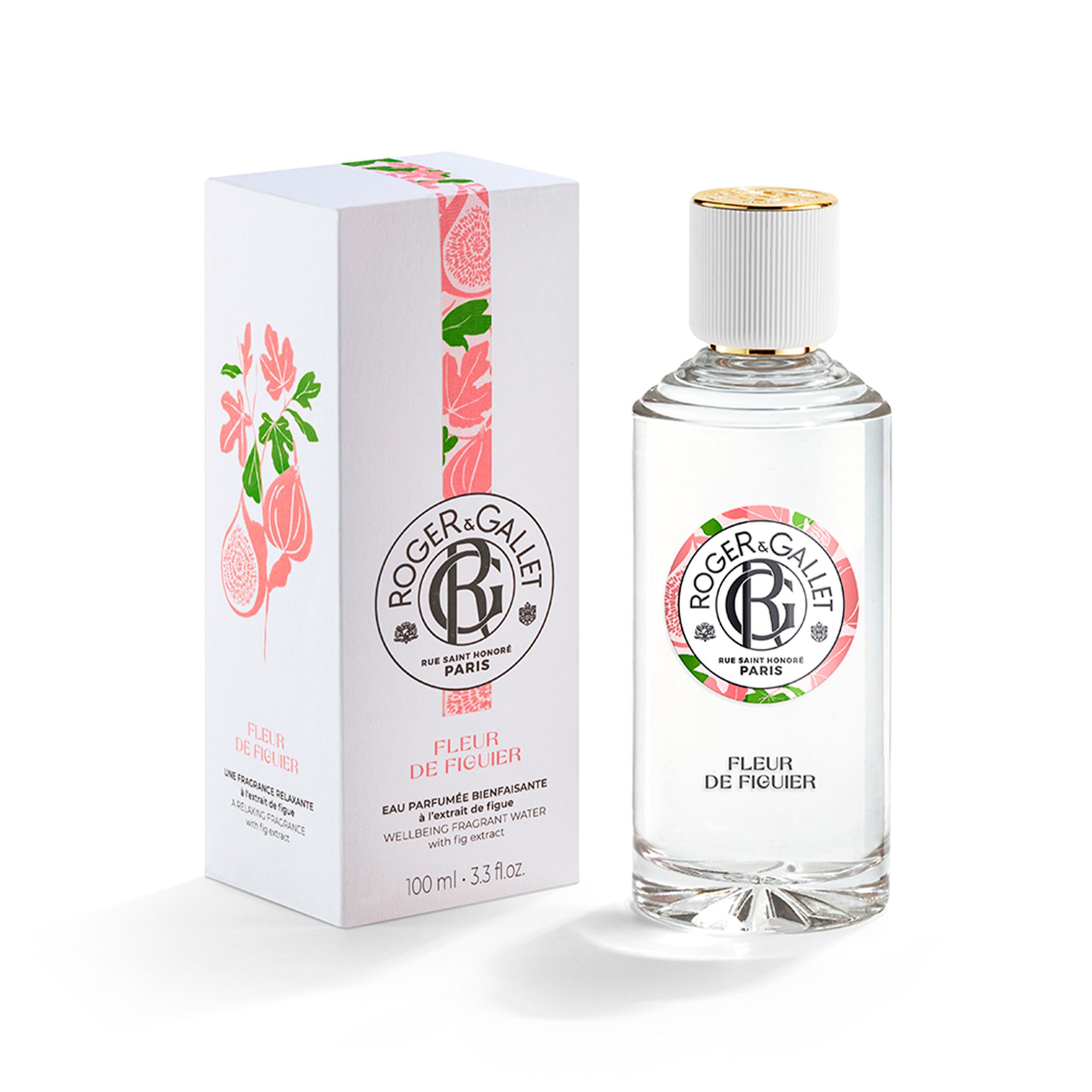 Product en verpakking. Fles en doos. Logo en tekst FLEUR DE FIGUIER. 100 ml.