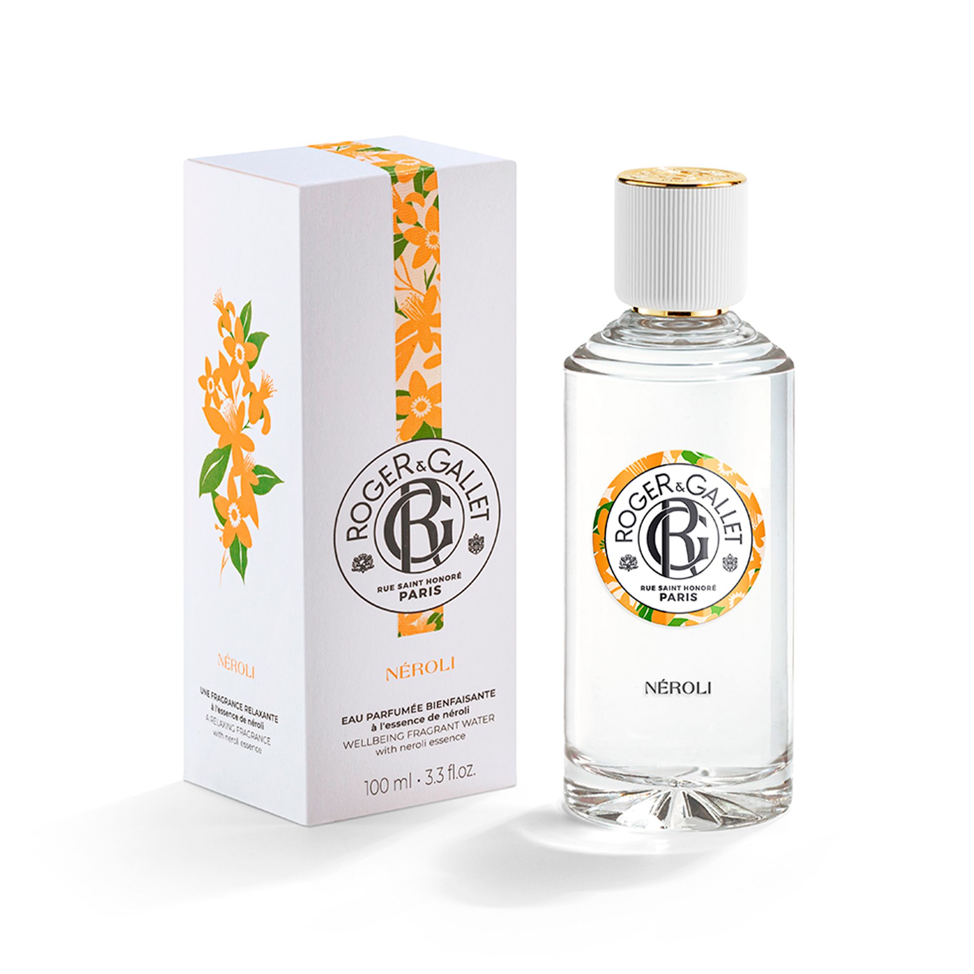 Fles en doos. Fles met witte dop en gouden ring. Logo Roger & Gallet. Tekst: Néroli, Eau Parfumée Bienfaisante.