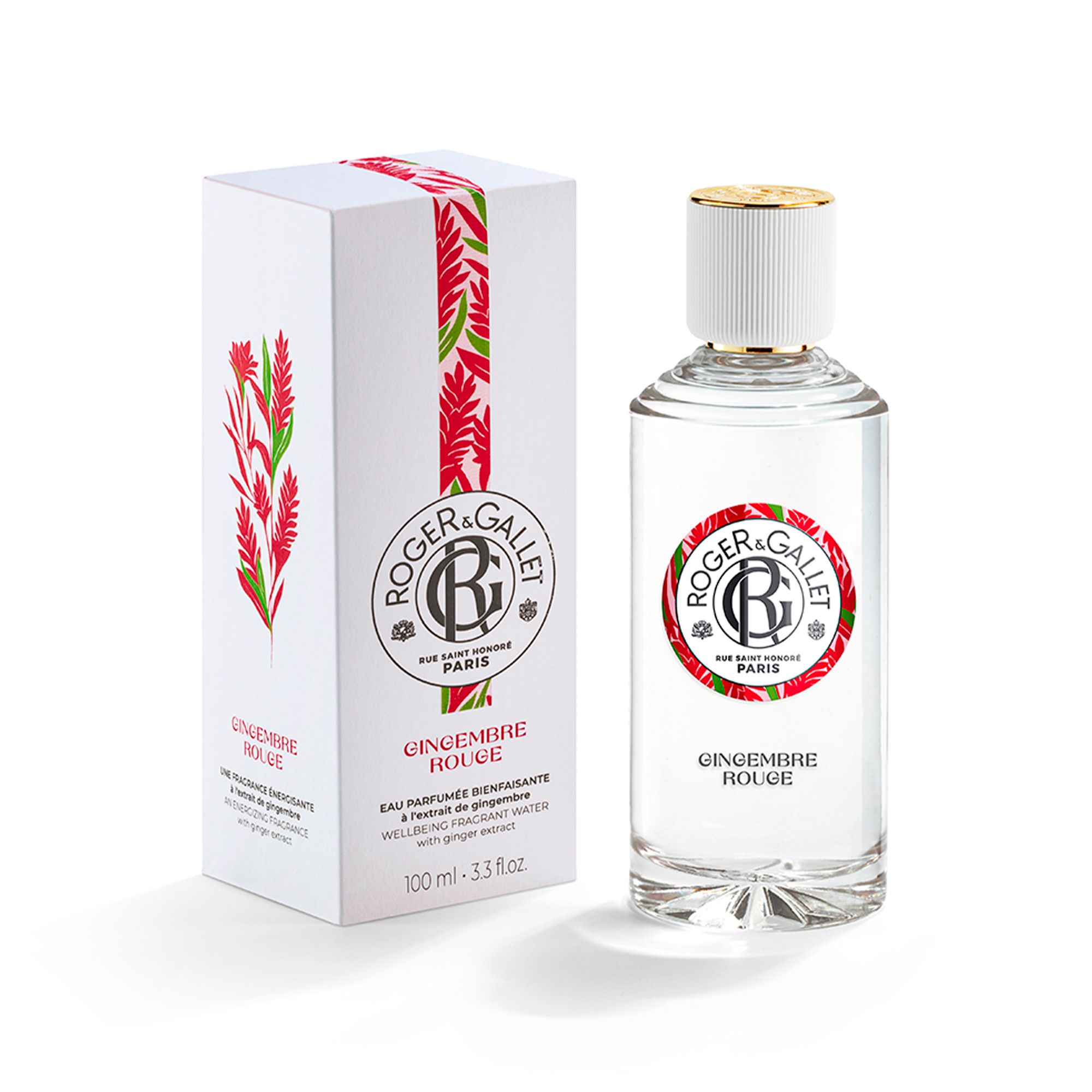 Witte doos en fles. Fles met witte dop en gouden ring. Tekst: Roger & Gallet, Gingembre Rouge, Eau Parfumée.